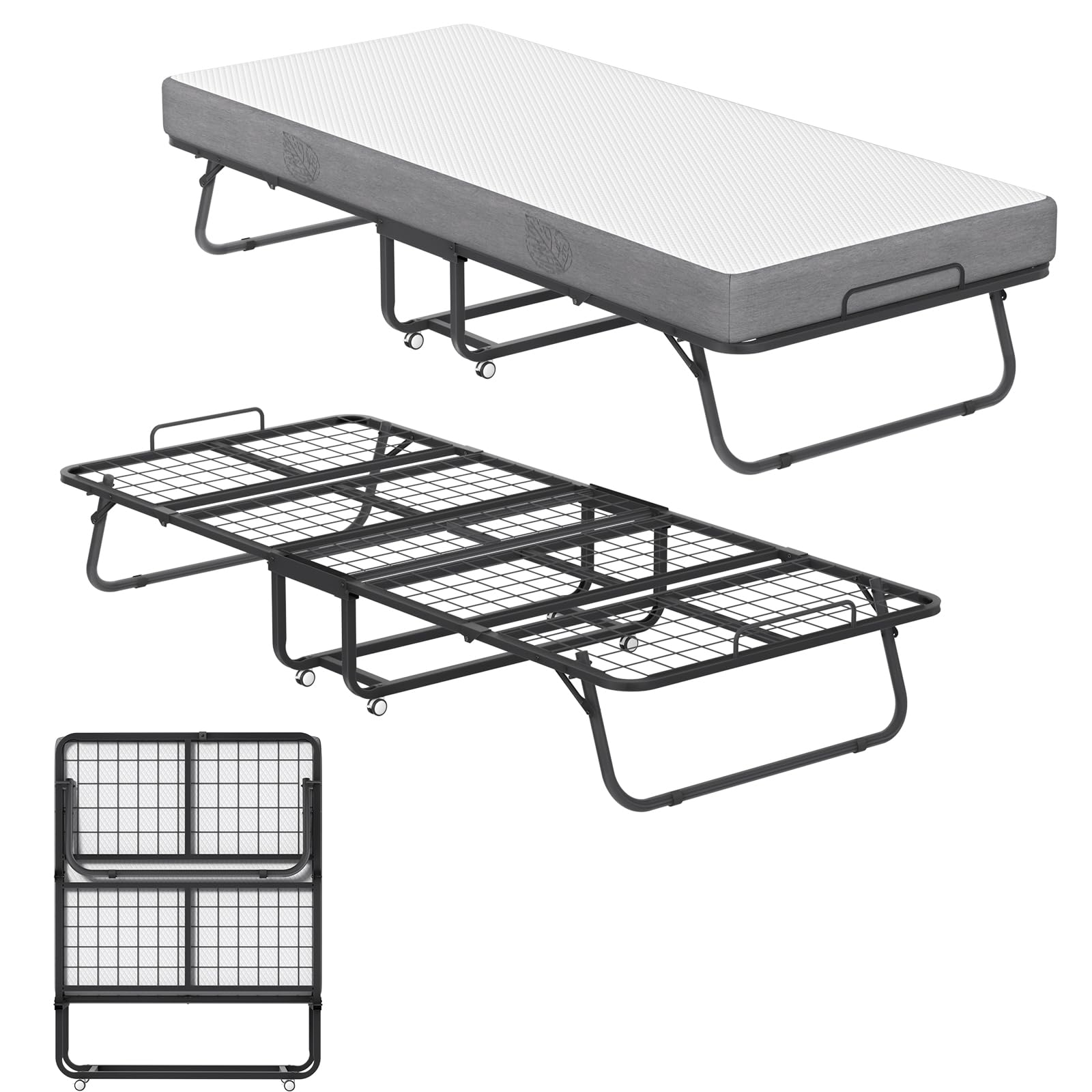 UISEBRT Letto pieghevole 90 x 200 cm – Letto per gli ospiti pieghevole per adulti con materasso in memory foam spesso 13 cm, robusto telaio pieghevole in metallo, letto pieghevole con ruote, capacità