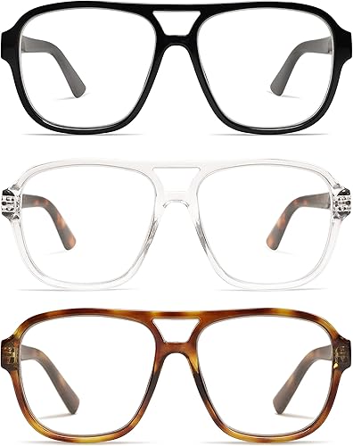 AMOMOMA Paquete de 3 lentes de lectura de gran tamaño con bisagra de resorte de aviador para mujeres y hombres, marco retro para lector de