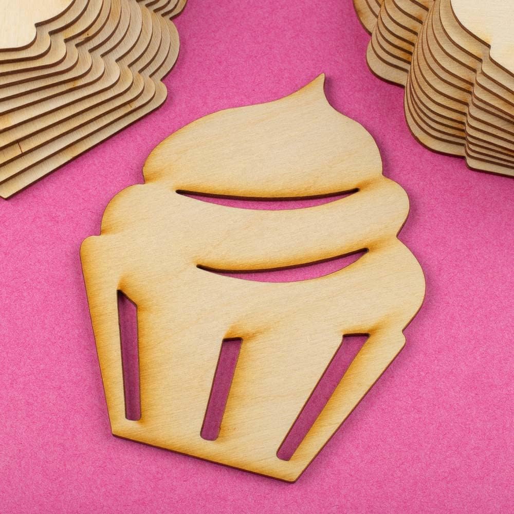 Pack of 24 Unfinished Wood Cupcake Cutouts by Factory Direct Craft - Blank Wooden DIY Muffin Treat Dessert Food Shapes for Crafts (5 x 4)