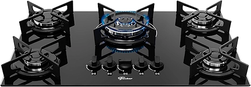 FISCHER COOKTOP À GÁS 5 BOCAS TRIPLA CHAMA FIT LINE TREMPE IRON MESA VIDRO PRETO BIVOLT 36340-102674