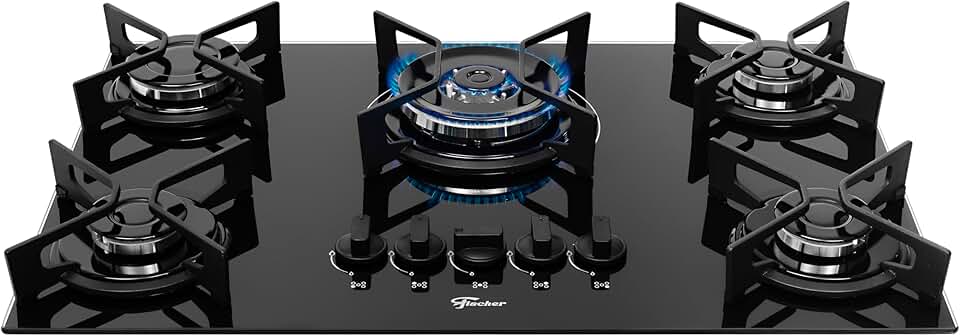 FISCHER COOKTOP À GÁS 5 BOCAS TRIPLA CHAMA FIT LINE TREMPE IRON MESA VIDRO PRETO BIVOLT 36340-102674