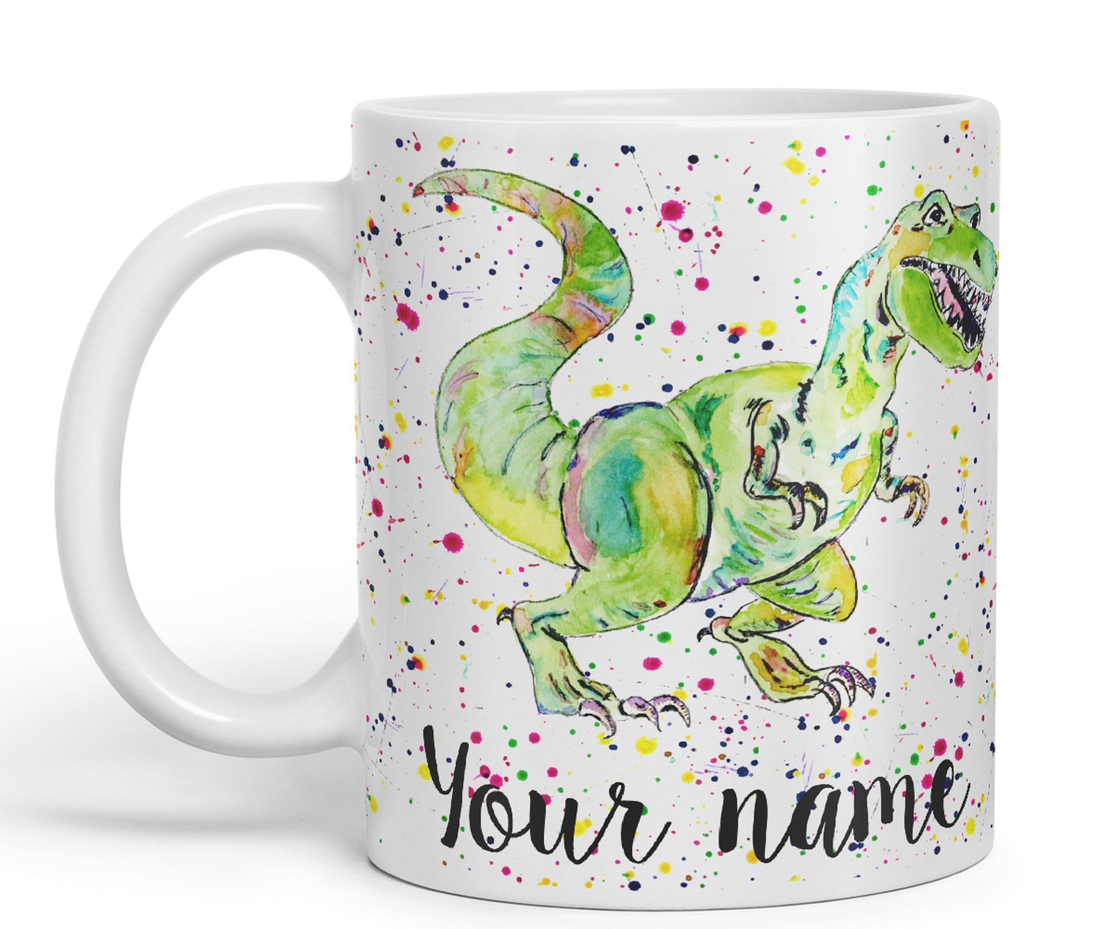 Vixar Personalised with Your Text Dinosaur Tyrannosaurus T-Rex Art Coloured Ceramic Mug Cup Gift 330ml 11oz Custom Work Office Tea Coffee (White)