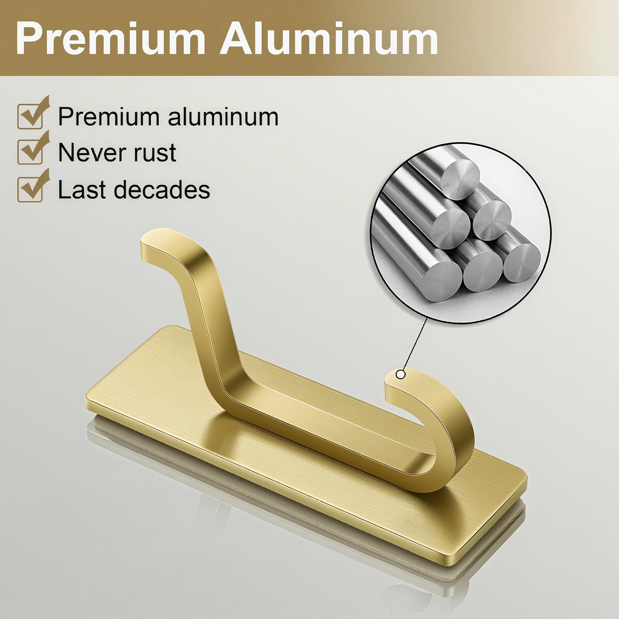 Josmimic Toallero sin taladro: ganchos adhesivos extra fuertes de 6 kg, ganchos de pared autoadhesivos para baños, ganchos para toallas y abrigos, juego de 4, dorado