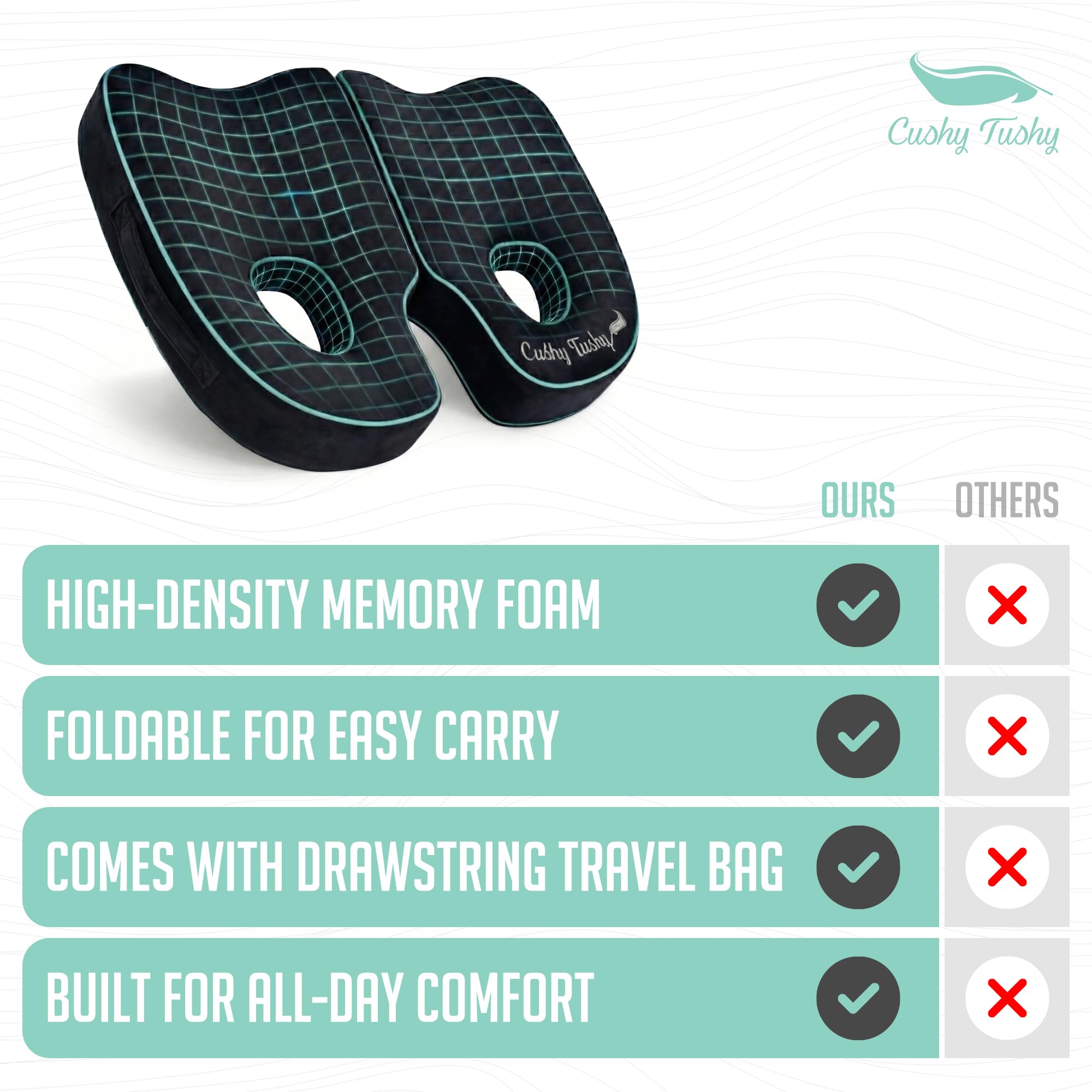 Cushy Tushy Cuscino pieghevole di alta qualità Piriformis – Cuscino per sollievo dal dolore piriforme e dal dolore sciatico – per uso domestico e ufficio, perfetto per viaggi o guida