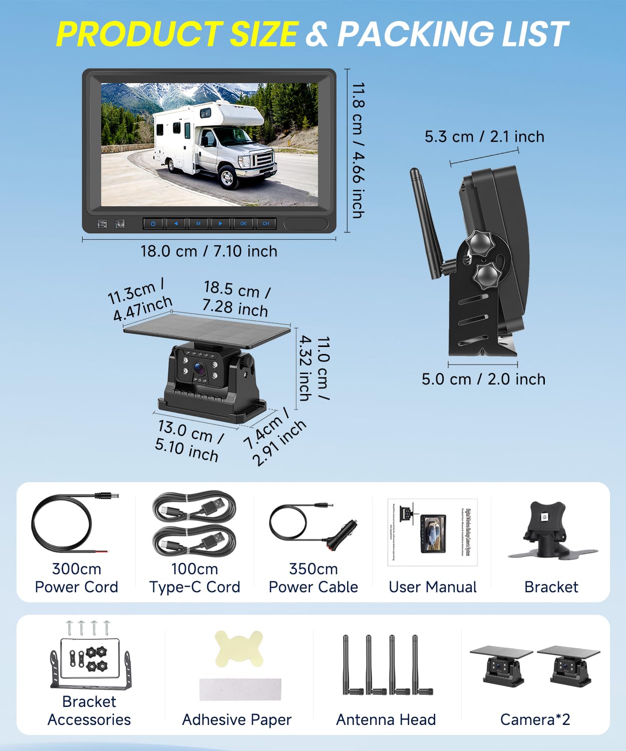 VECHTEL Telecamera Retromarcia Senza Fili, Monitor IPS Da 7'' con 2 HD 720P Telecamere Solari Magnetiche 10000mAh Wireless, Impermeabile IP69, Visione Notturna, Linee Guida, 12‑36V Per Auto Camion SUV