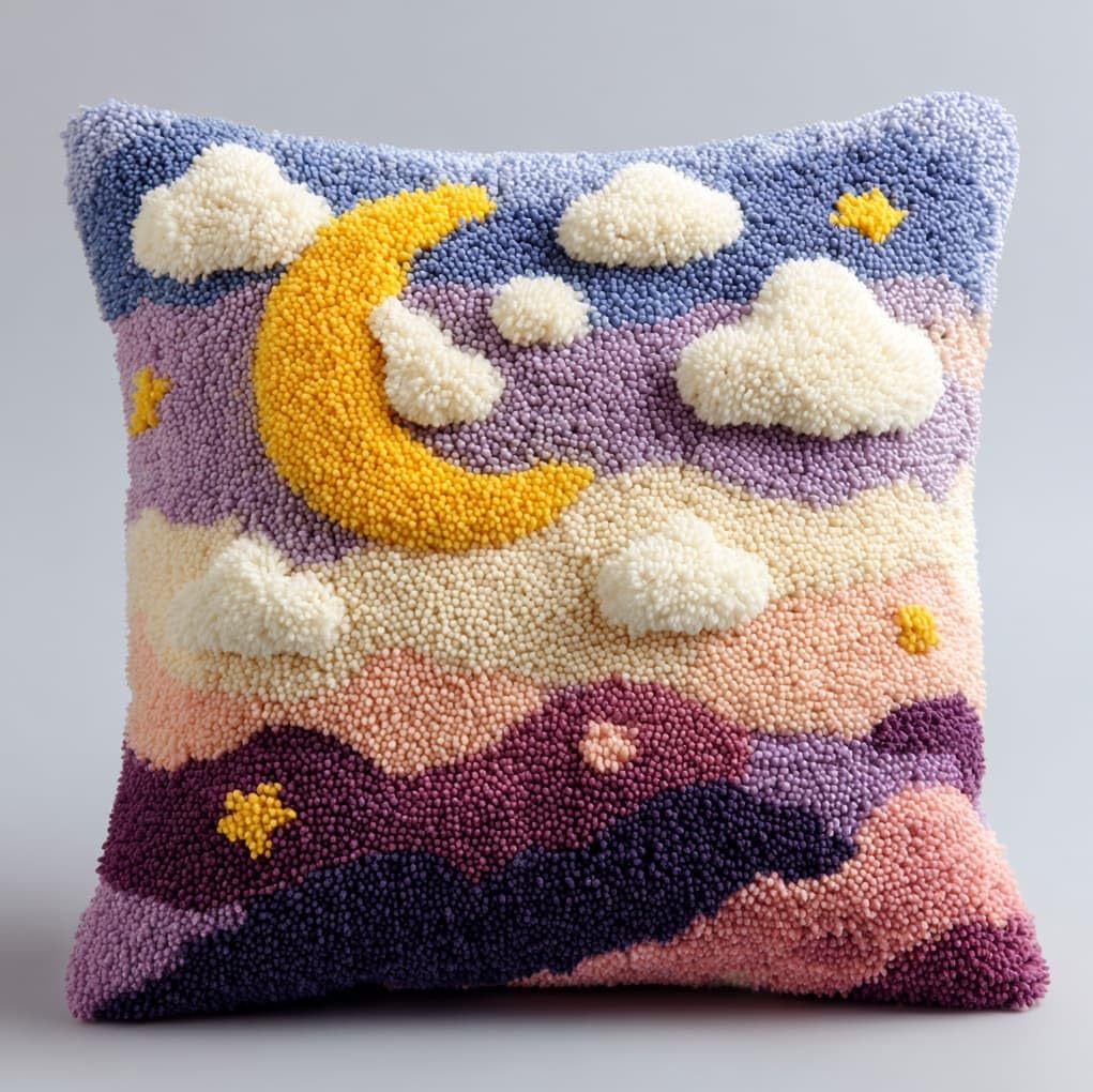 WallustrioaW Latch Hook Cushion Kits,Moon and Clouds,Latch Hook Pillow Case Kits Embroidery Carpet Set DIY Needlework,17x17in
