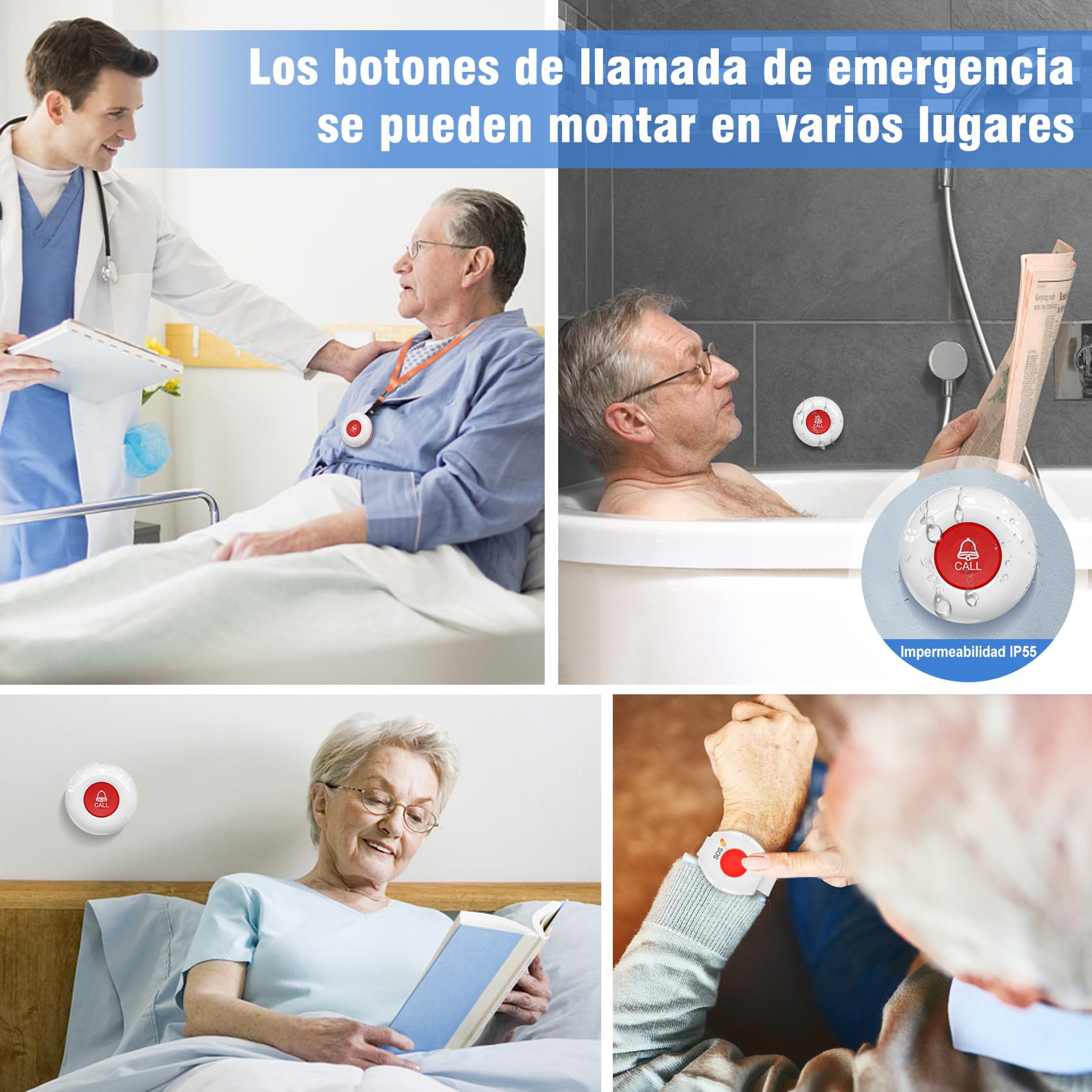 Daytech Avisador Personas Mayores,Transmisión inalámbrica 150M Botón de Emergencia para Ancianos,Pulsera Alarma Personas Mayores(2 Receptor + 2 Botón + 2 Pulsera)