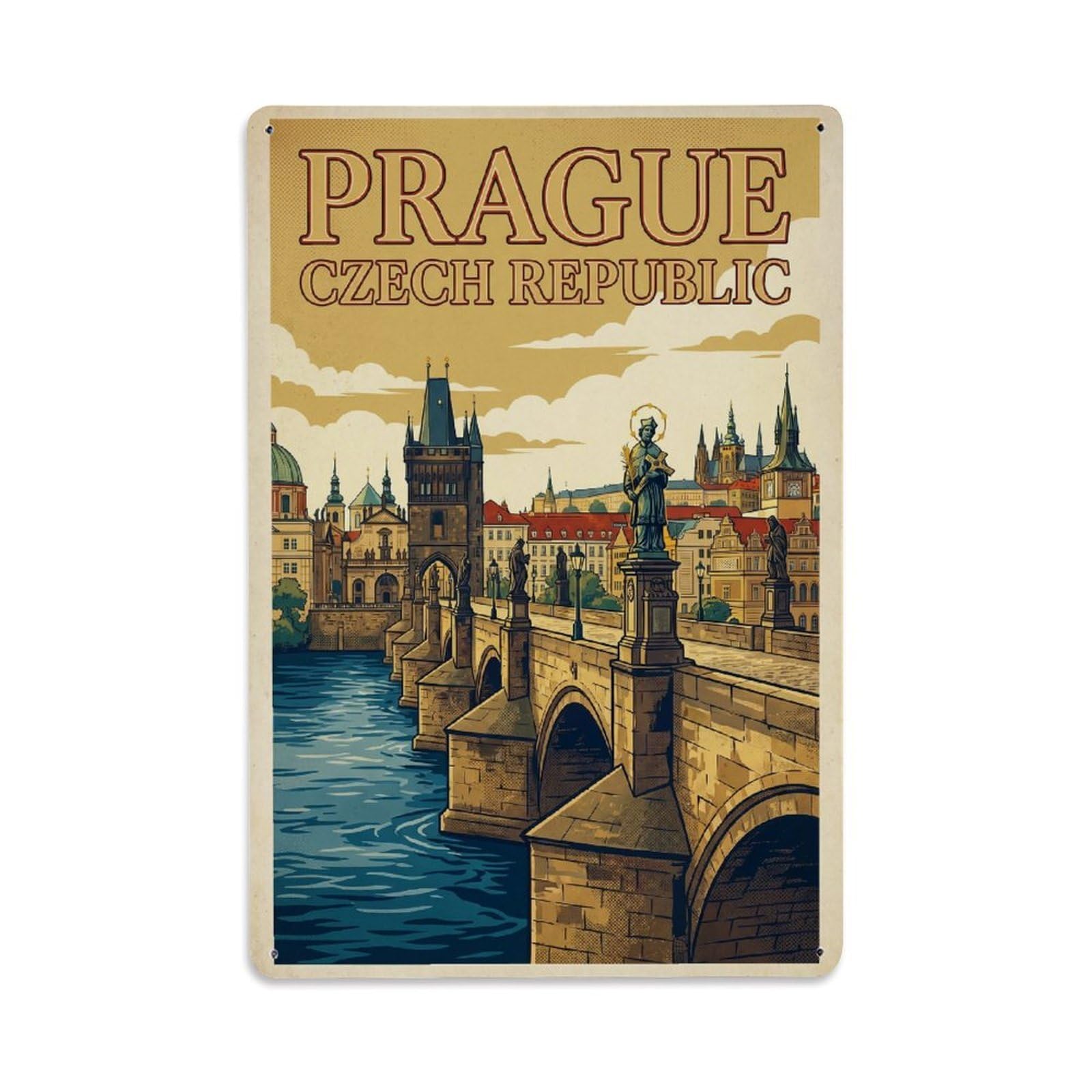 Vintage Travel Czech Republic Prague（1） Metal Tin Sign Plaque Wall Decor for Cafe, Club Bar, Office, Garden Metal Poster 8x12Inch