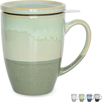 Bosmarlin Ceramic Tea Cup with Infuser and Lid, 13.5 Oz, 4 Colors to Choose, Microwave and Dishwasher Safe, Steeping Tea Mug with Strainer, Reactive Glaze Green
