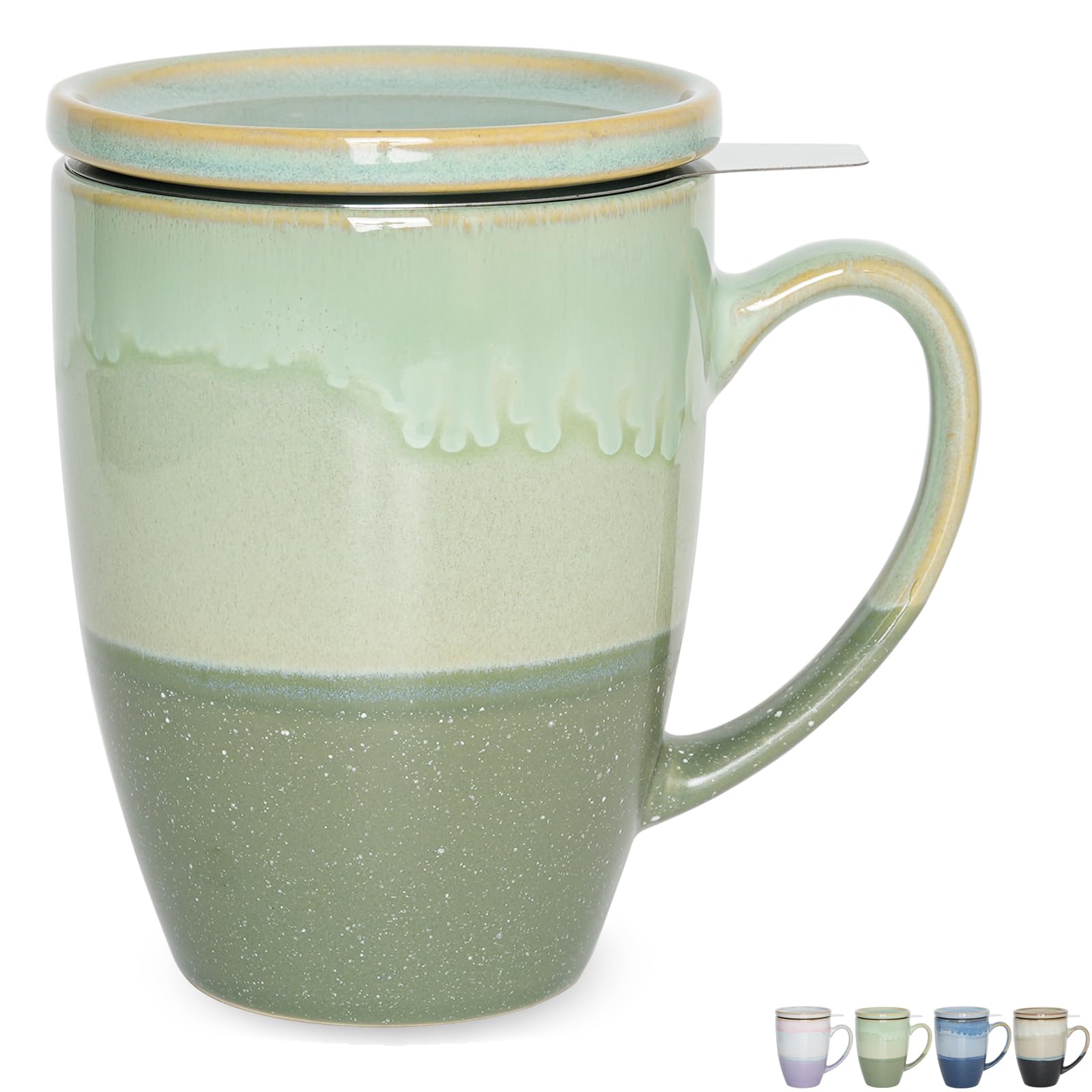 Bosmarlin Tasse à thé en céramique avec infuseur et couvercle, 4 couleurs au choix, passe au micro-ondes et au lave-vaisselle, tasse à thé avec passoire, glaçage réactif (vert)