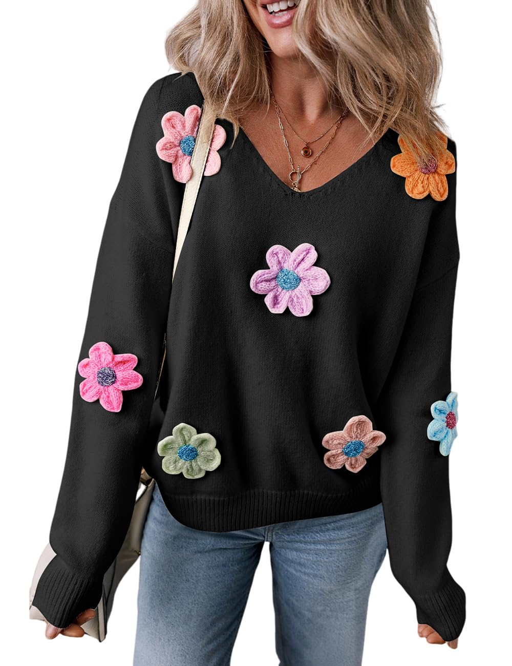 Ecosunny Sweaters for Women 2024 Long Sleeve V Neck Crochet Flower Sweater Pullover Tops Trendy Knit