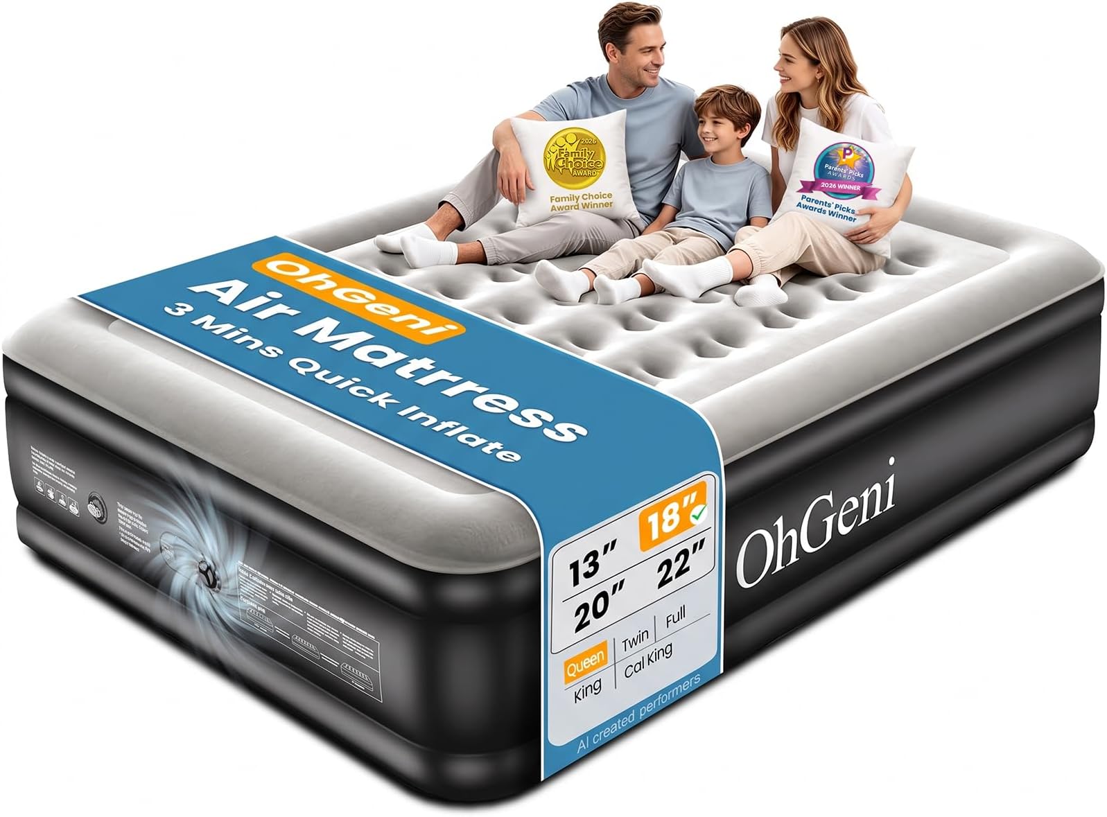 OhGeni Air Mattress Queen with Built in Pump, 18" Raised Blow up Bed, 800lb