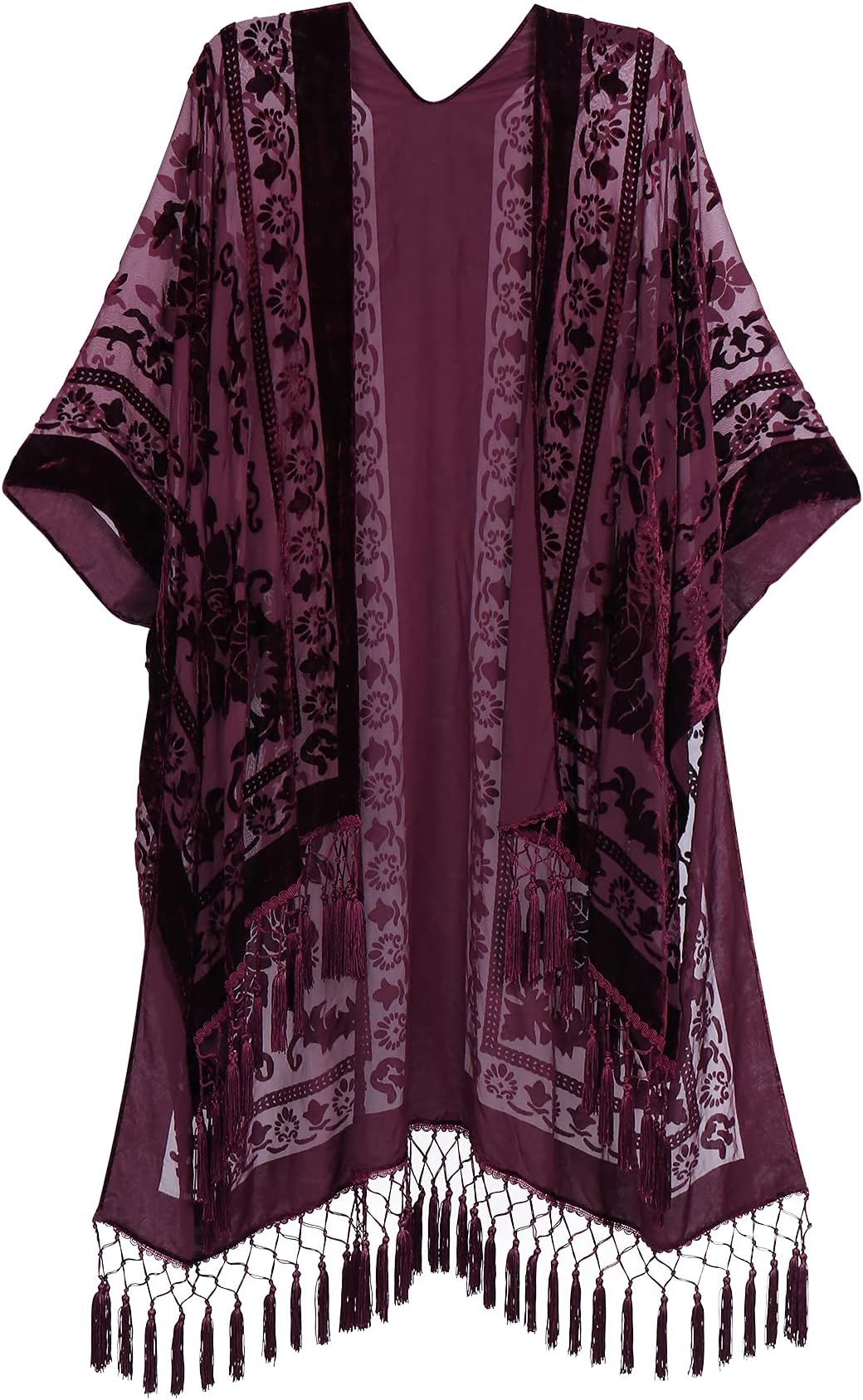 Women's Burnout Velvet Kimono Long Cardigan Cover Up With Tassel