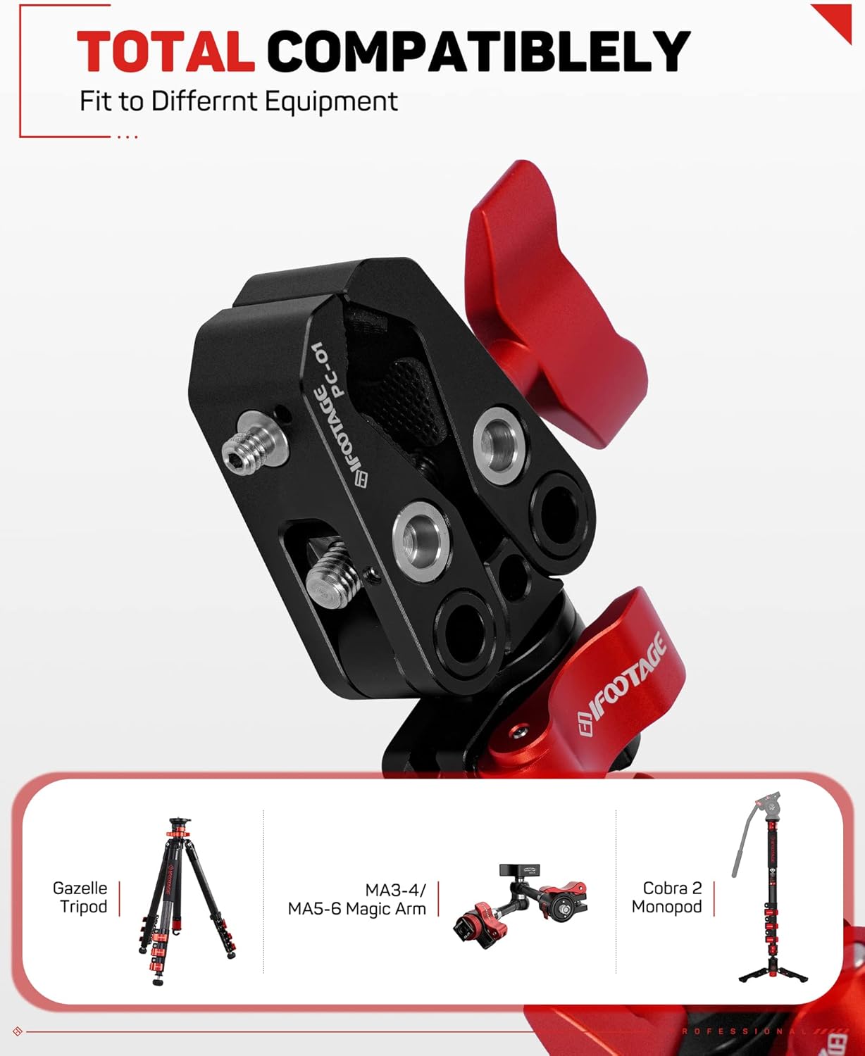 IFOOTAGE PC-01 Camera Mount, Tripod Clamp with 1/4" Screw & 3/8" Thread, Super Clamp for Gopro/Lights/Magic Arms