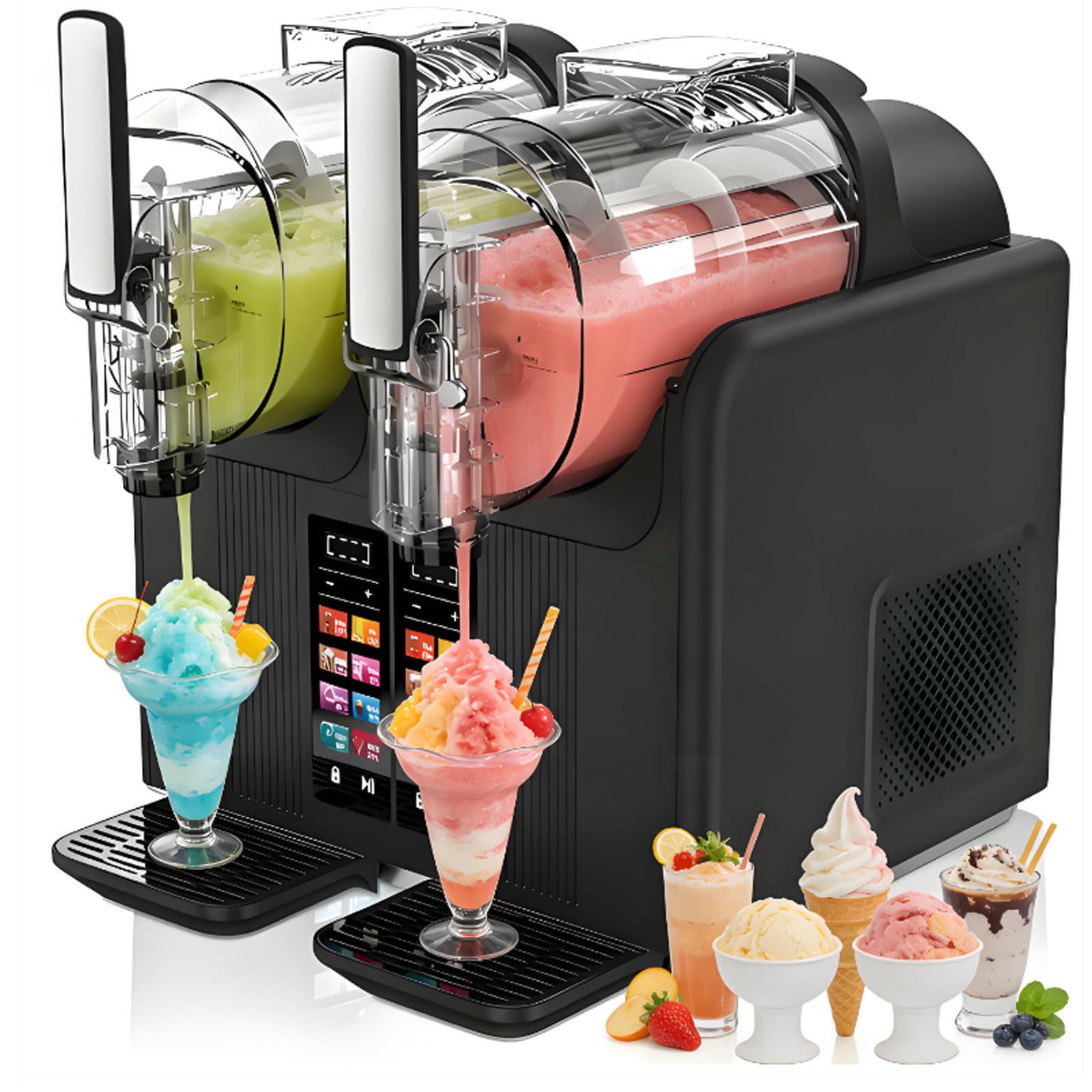 DECAKE Slushie Maker Machine, 7-In-1 Slushy Maker, Double Head Soft Ice Cream Dual 2l Tanks 430w, Touch Panel With Automatic Clean, Makes Slushies Milkshakes Cocktails Black