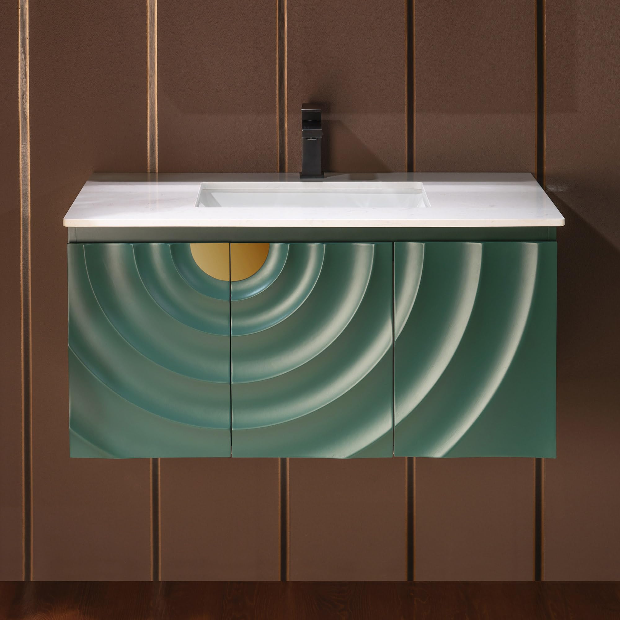 Woodbridge 36"x22" Wall Mounted Vanity with Single Ceramic Undermount Sink,White Engineered Stone Top, Floating Design with 3D Wave Pattern Doors and Matte Green Finish — Modern, Space-Saving Design