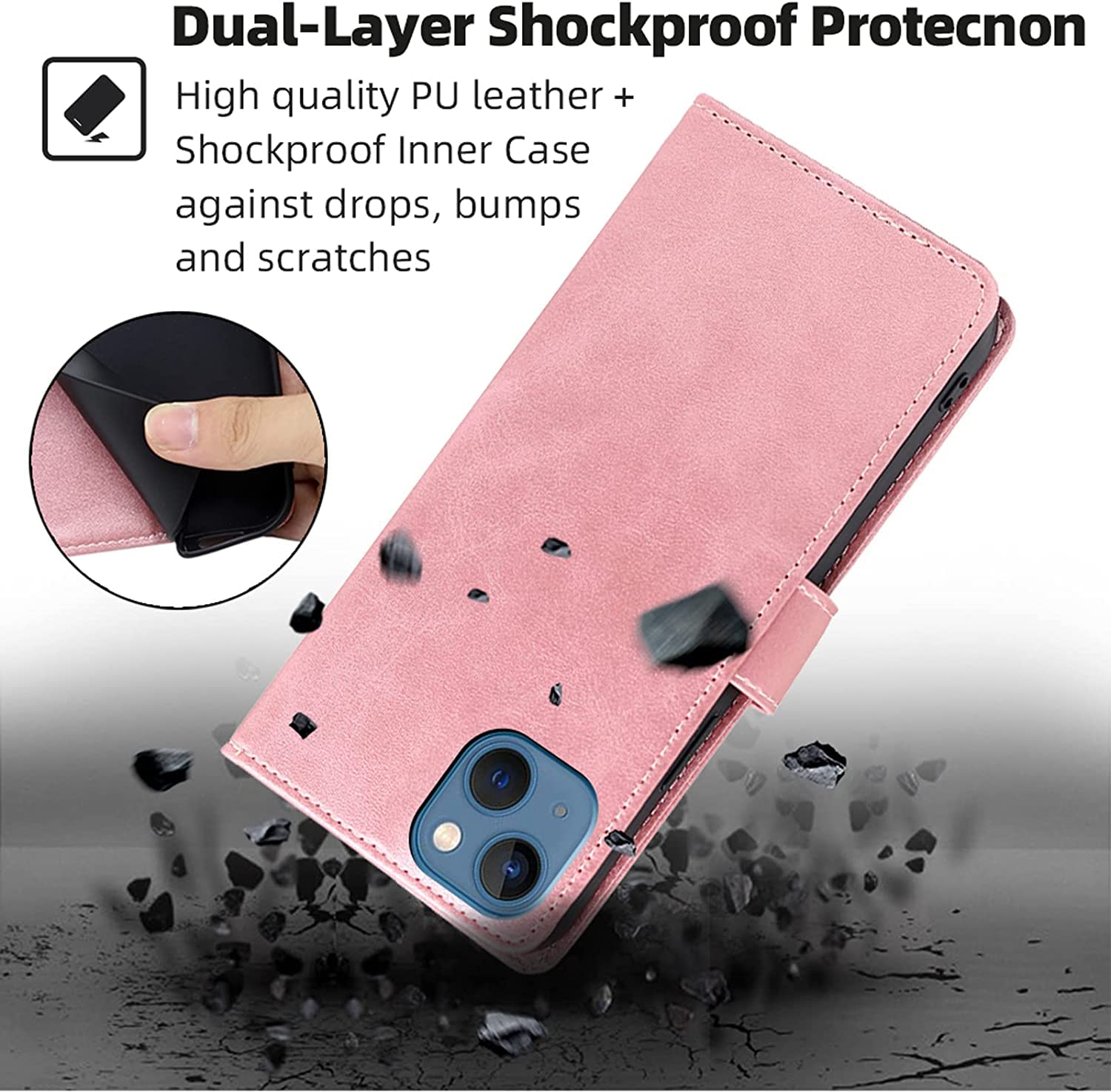 ULAK Portemonneehoesje Voor IPhone 14 – Stijlvol Flipcase Met Kaarthouder, Standaard En Polsbandje, Roze Goud