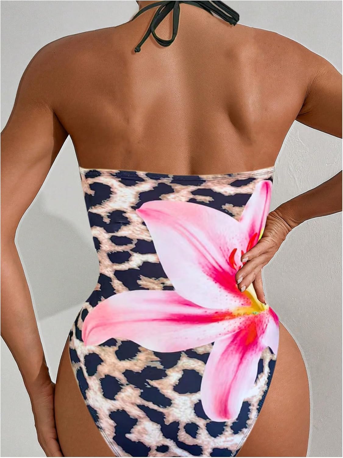 SweatyRocks Women's Floral Leopard Print Halter One Piece Swimsuit Tummy Control Bathing Suit - Image 2