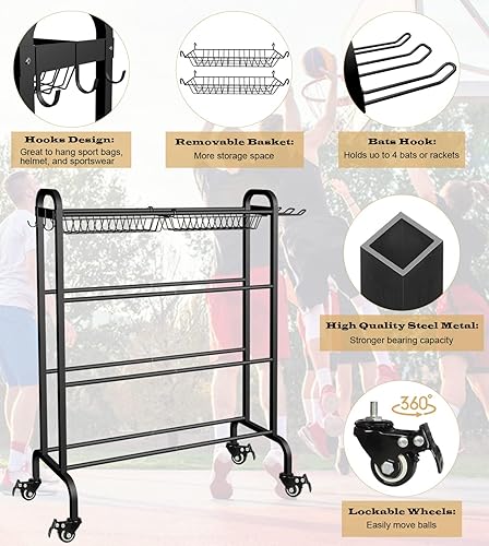 Miniatura 5 de Artibear Basketball Racks Holder for Balls with Wheels, Rolling Metal Sports Equipment Storage Stand Organizer with Baskets and Hooks for