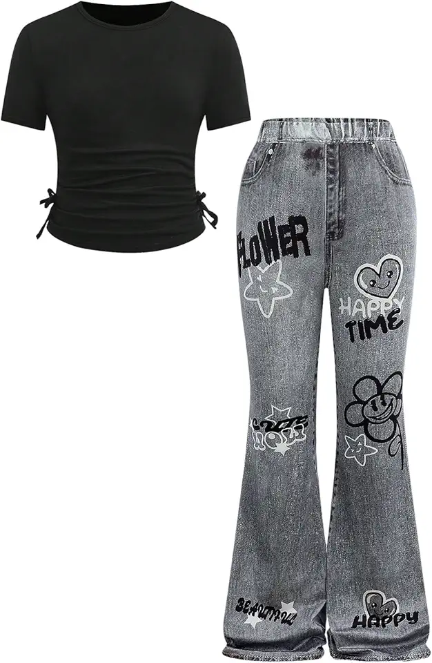 Verdusa Girl's 2 Piece Y2K Outfits Ruched T Shirt Tie Dye Flare Wide Leg Pants Legging with Pockets