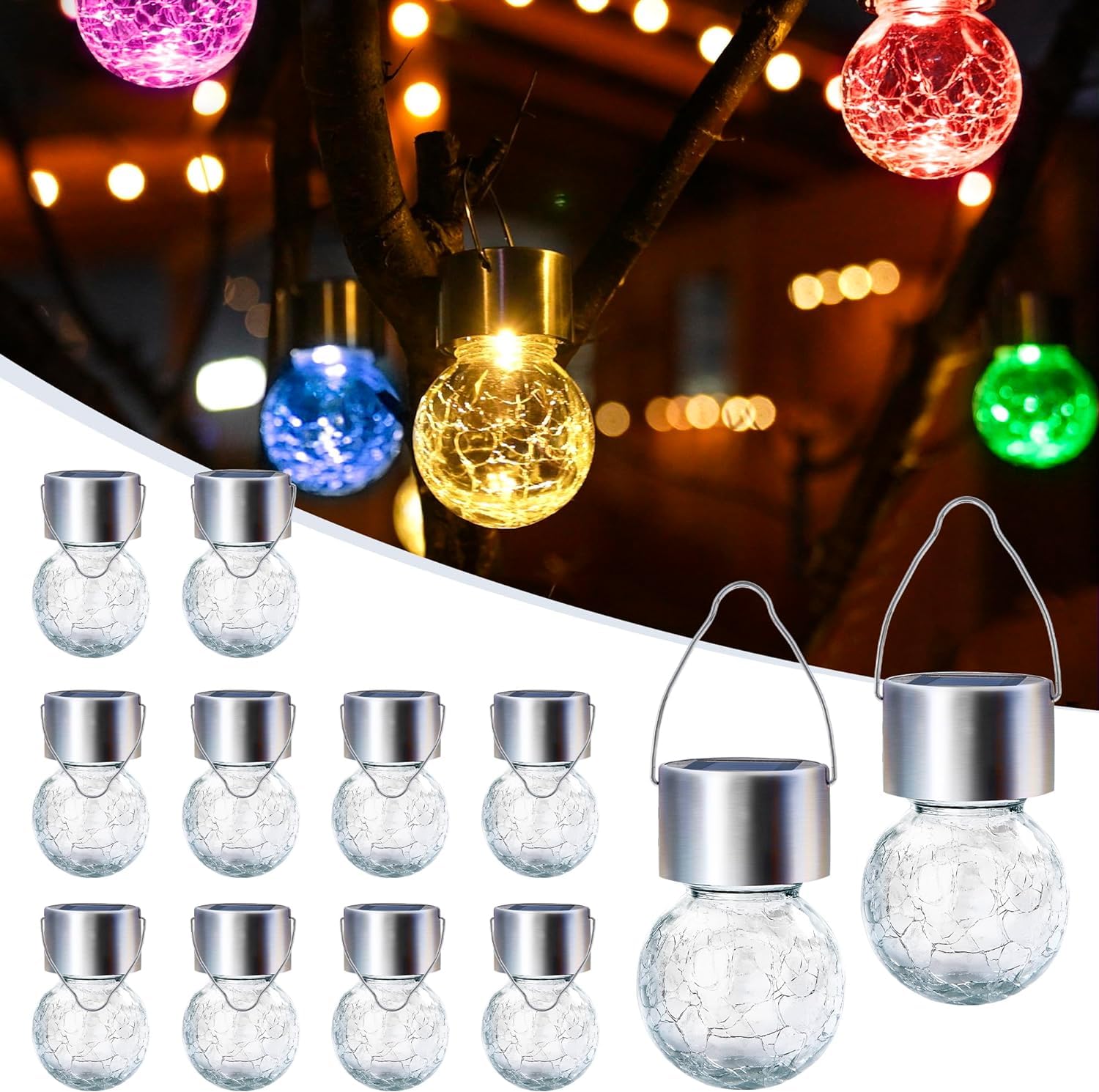 GIGALUMI 12 Pack Solar Outdoor Lights, Solar Hanging Lights for Christmas Decoration-Cracked Glass Solar Lights Outdoor Waterproof for Garden, Yard, Fence, Tree(Color Changing)
