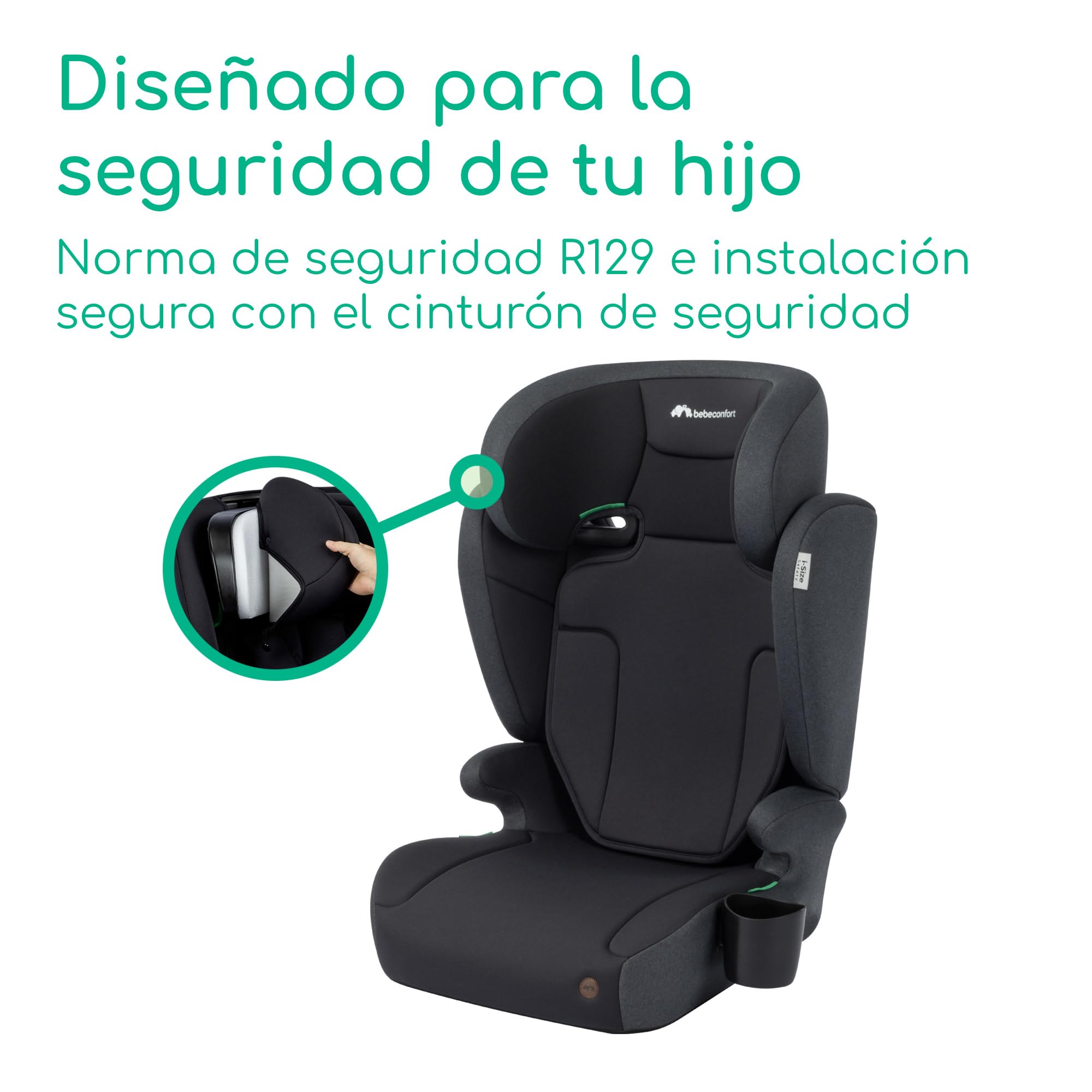 Bebeconfort Ride 2-in-1 i-Safe, Asiento Elevador con respaldo para coche,3,5–12 años (100–150 cm),Elevador con cinturón, Respaldo Desmontable, 3,4 kg,11 Posiciones Reposacabezas,Portavasos, Full Black