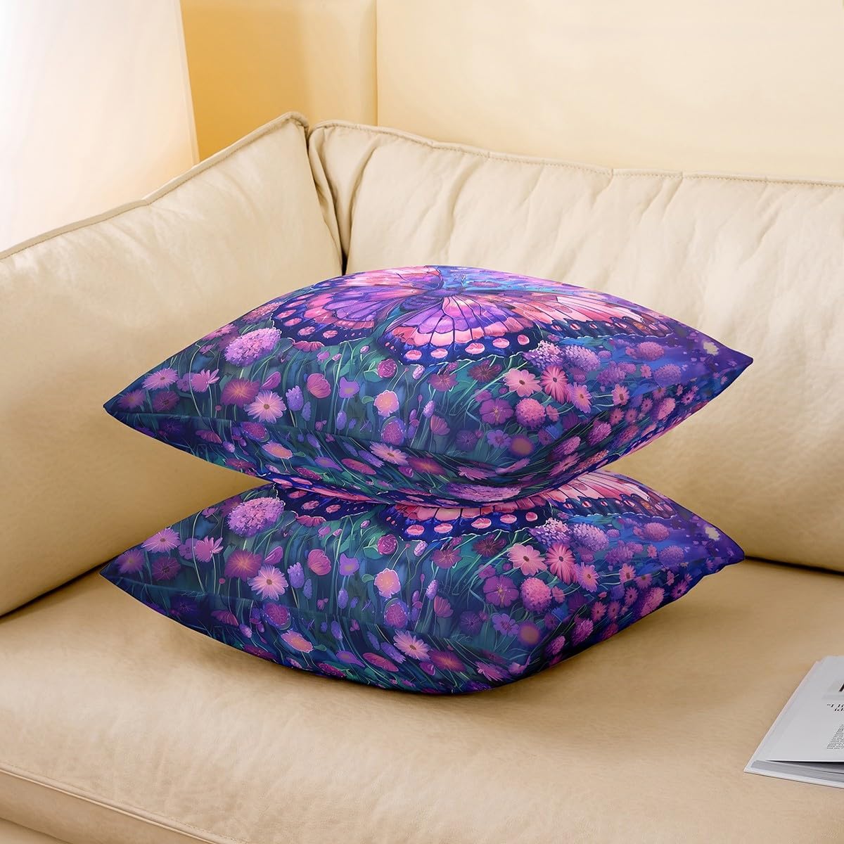 jejeloiu Butterfly Reversible Throw Pillow Covers 24 x 24-Inch Butterflies Print Pillow Covers Beautiful Butterfly Square Cushion Covers Set of 1 Animal Throw Pillowcases Lilac Outdoor Pillows Covers