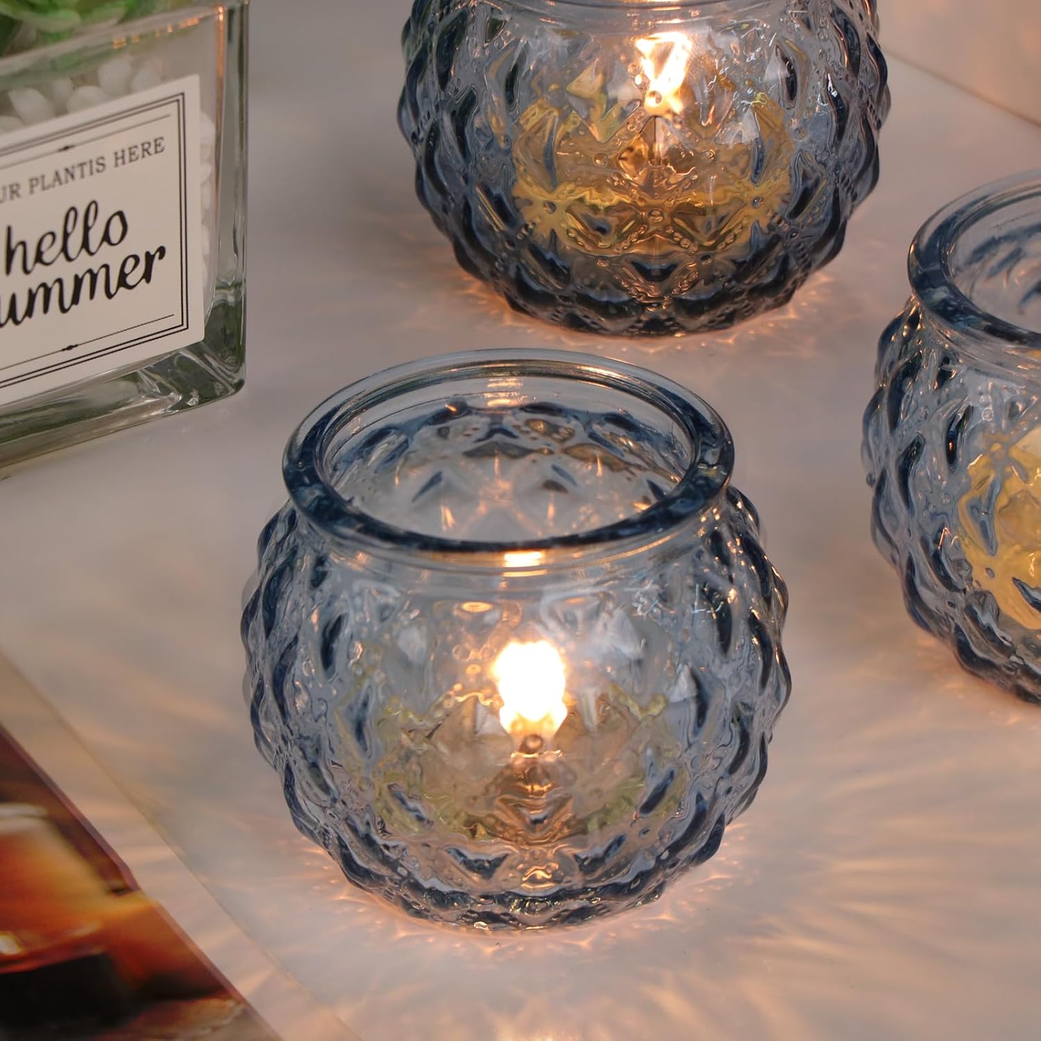 DARJEN Blue Votive Candle Holders Set of 24- Round Glass Candle Holders Bulk for Tea Light Candle, Diamond Texture Candle Votives for Wedding Centerpiece, Party & Home Decor