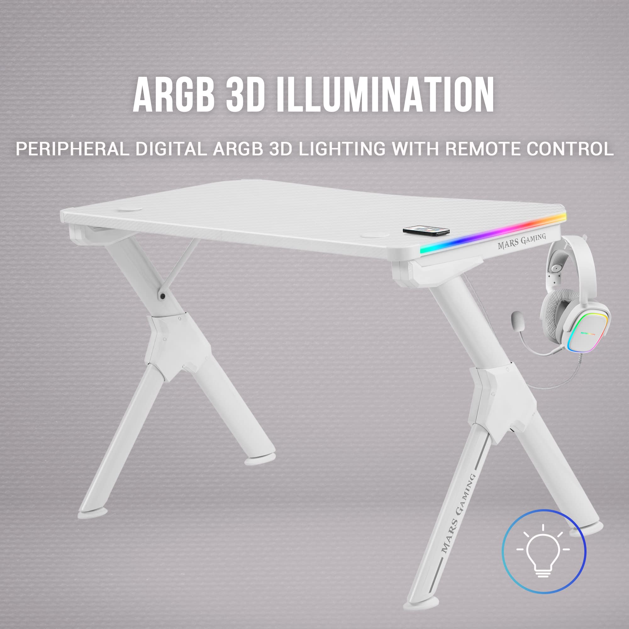 MARSGAMING MGDRGBW, Mesa Gaming RGB, Soporte Cascos + Botella, 110x60cm, Blanco & Mars Gaming MMPRGB2S XXL, Alfombrilla Ratón RGB 12 Modos, 2 USB 2.0, Blanco Plata