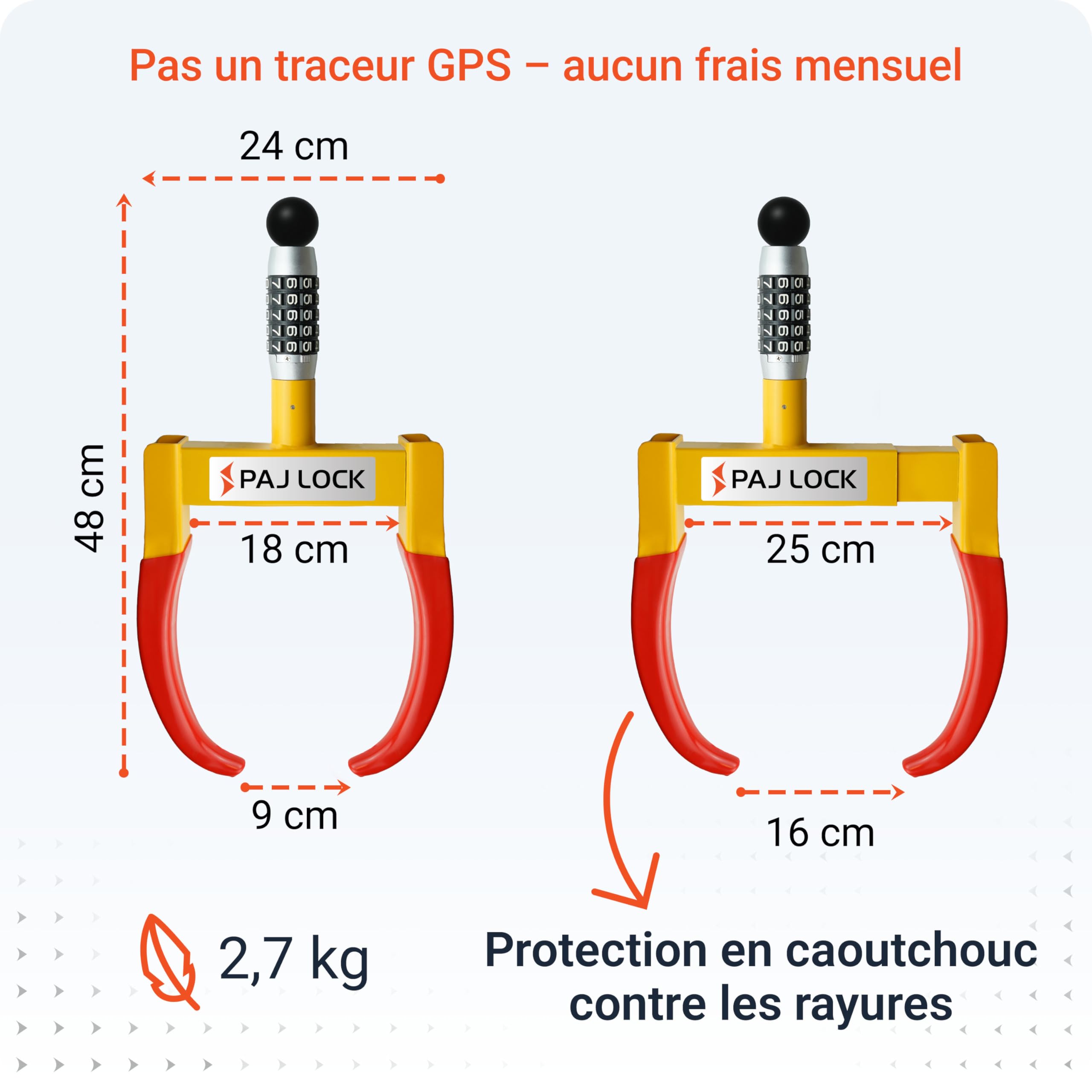 PAJ LOCK - Sabot de Denver - Antidémarrage pour voitures de toutes marques, camions, remorques, motos, caravanes, etc. - Système antivol ajustable – Sabot de Denver robuste avec serrure de sécurité