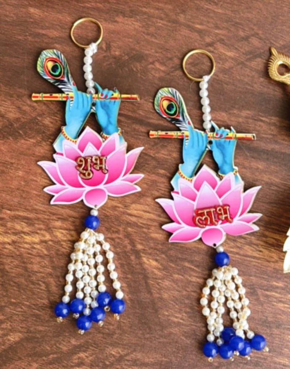 Gift Jaipur SL-10 Murli Lotus Shubh labh Door hangings (2 pc) for Main Gate Home Office Entrance, Door Tags, Diwali Shoon/Soohn/Shun for Home mandir Temple