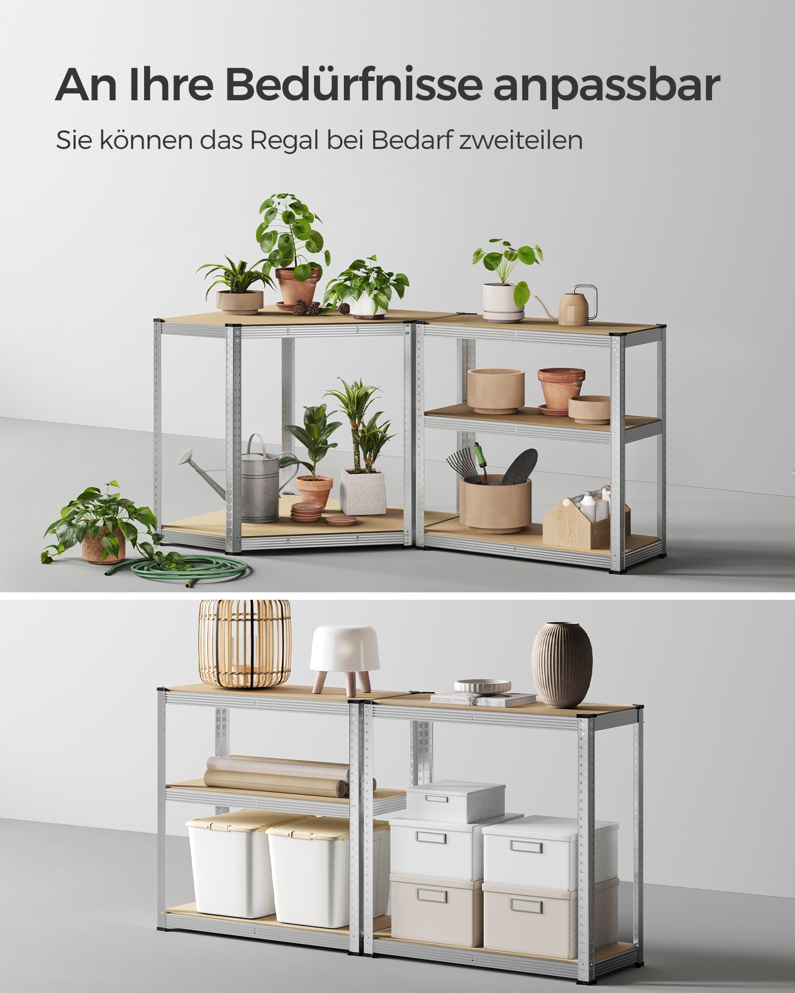 SONGMICS Eckregal-Set 5 Ebenen, Schwerlastregal, Metall, Lagerregal für Garage, Abstellraum, Kellerregal, bis 2625 kg belastbar, silbern-naturbeige GLR070E03