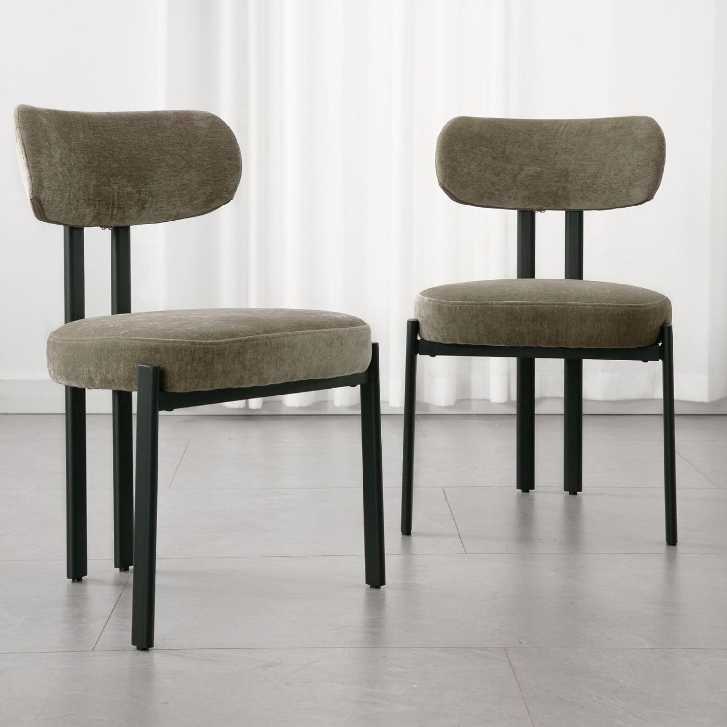 LukeAlon Chenille Dining Chairs Set of 2, Modern Upholstered Armless Kitchen Chairs with Black Metal Legs Curved Back Dining Room Chairs Reception Chair for Living Room Office, Green
