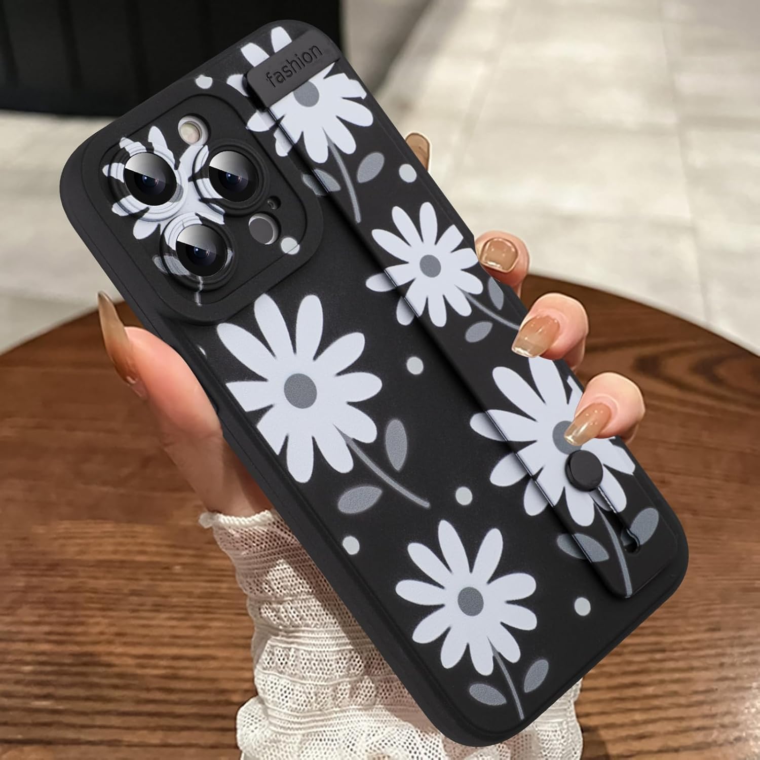 MOWIME Compatible with iPhone 14 Pro Max Case with Wrist Strap, Cute Daisy Floral Shockproof Soft TPU Protective Case for Women Girls, Slim Anti Scratch Case for iPhone 14 Pro Max 6.7 Inch, Black Black Daisy iPhone 14 Pro Max