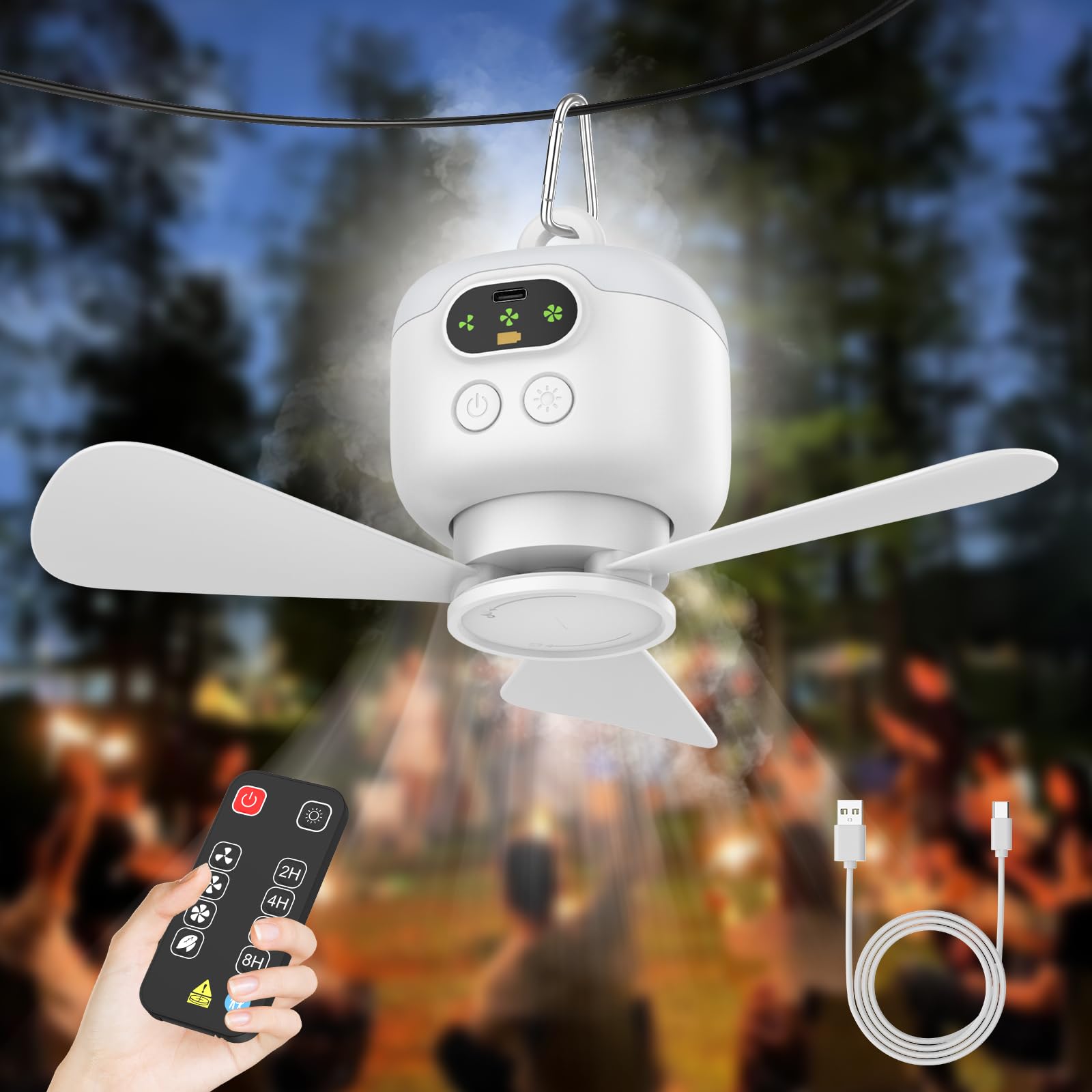 Ventilador de techo USB con luz, batería de 8000 mAh, ventilador de camping con mando a distancia, ventilador colgante silencioso de 3 velocidades, recargable para tienda de campaña, cenador