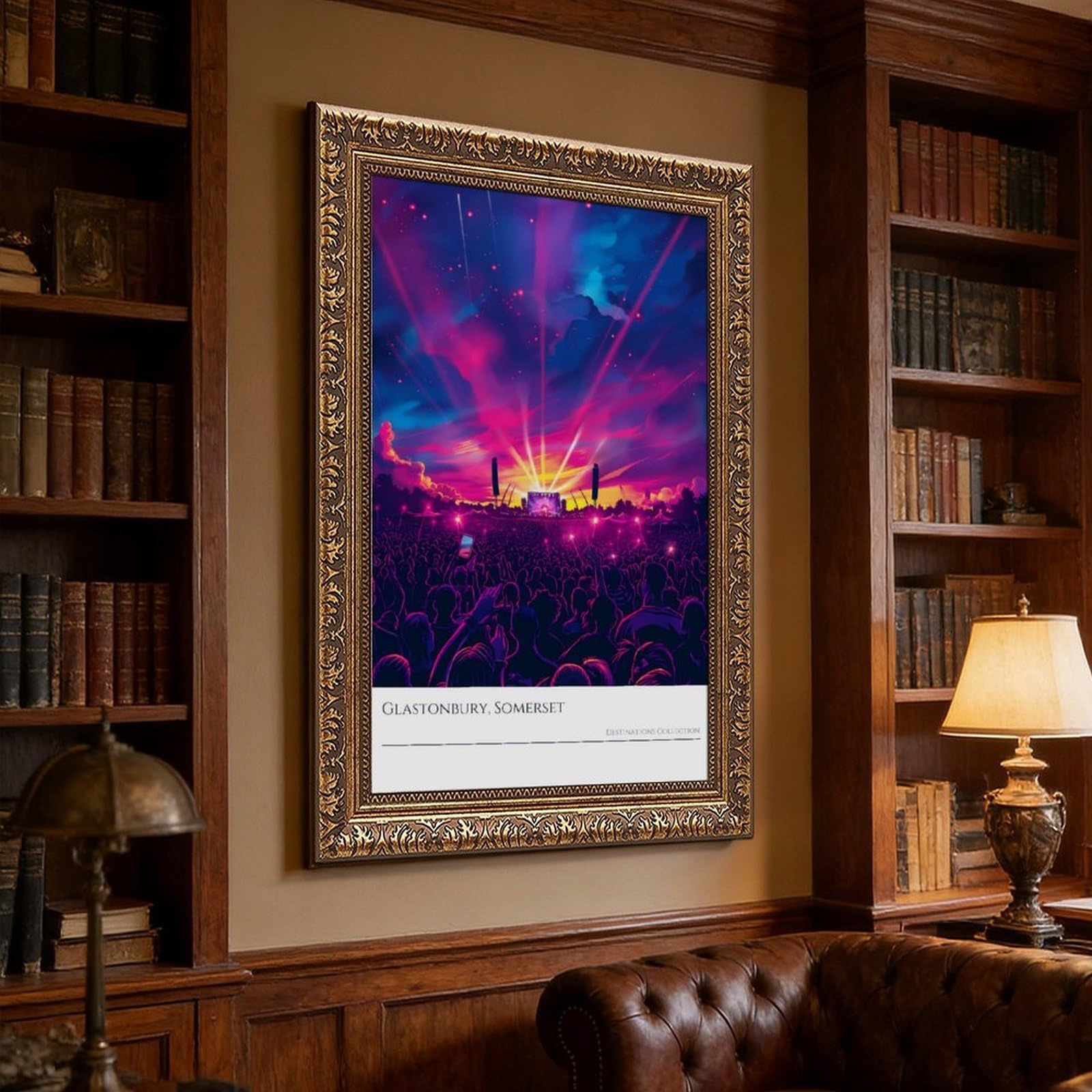 Poster di Glastonbury Festival viola Light Show Music Memorabilia Canvas Poster Wall Art Decor Stampa Dipinti per Soggiorno Camera da Letto Decorazione Retro Cornice Dorata 40,6 cm L x 61 cm W