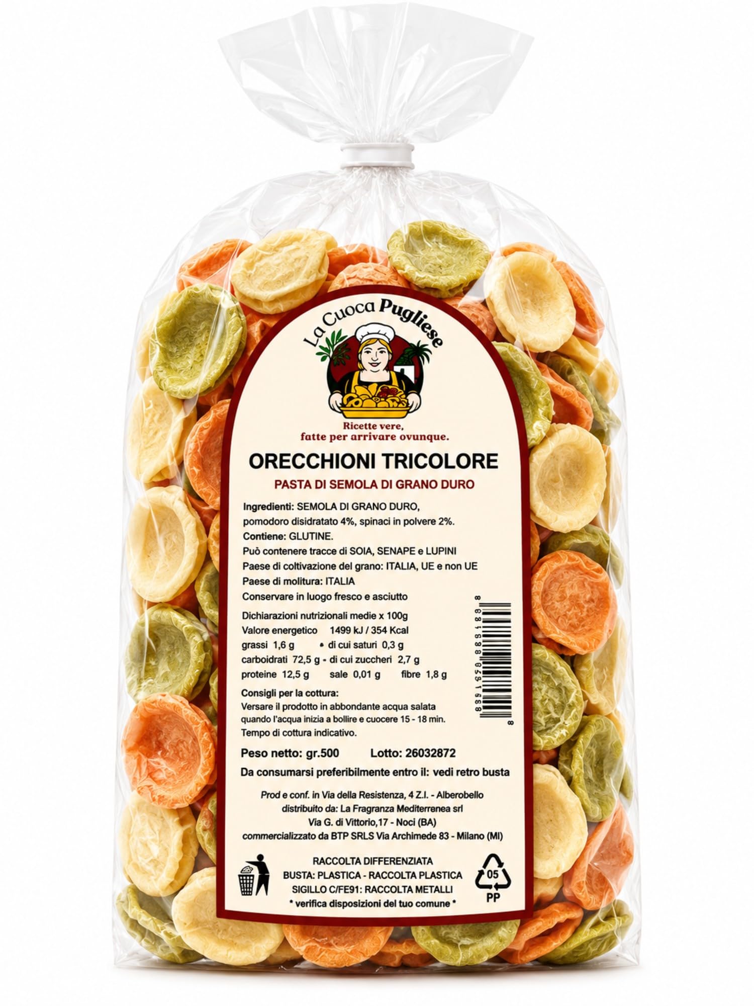 La Cuoca Pugliese - Orecchioni Tricolore, produzione artigianale pugliese, confezione da 10 pacchi x 500 g, pasta italiana