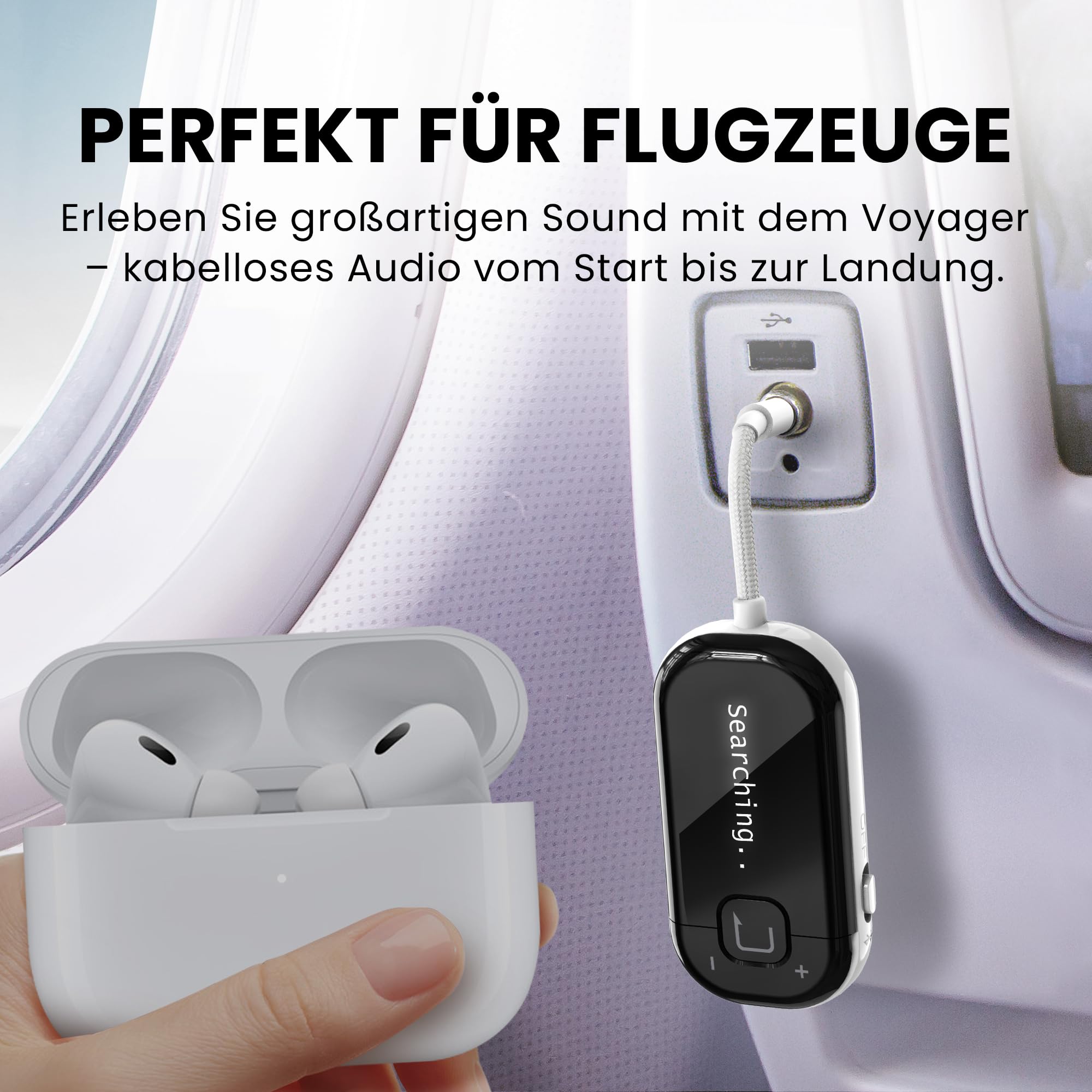 Avantree Voyager – Bluetooth 5.4 Adapter fürs Flugzeug mit Auracast & OLED Display, Qualcomm Chip, aptX Adaptive – Kabelloser Audio-Transmitter mit Klinke für Kopfhörer & AirPods auf Reisen