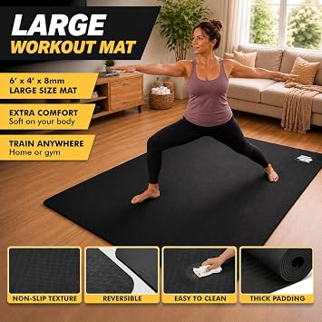 Fit Active Sports Oversized 6 x 4 Extra Large Workout Mat with Carry Bag & Straps Heavy-Duty, Non-Slip Exercise & Equipment Large Mat for Home Gyms, Lifting & Training, Roll-Up | Black