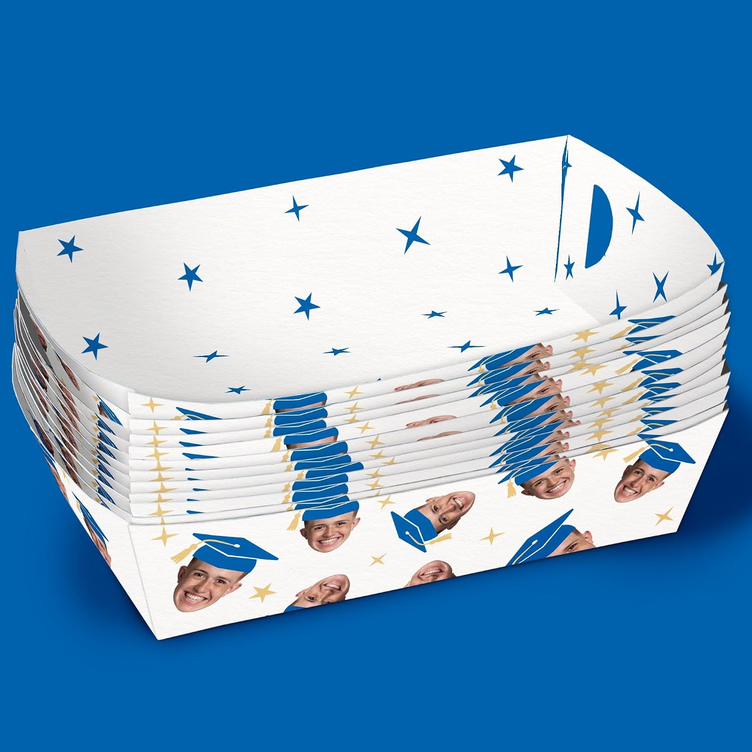 Big Dot of Happiness Custom Photo Blue Graduation Paper Food Trays, Disposable Food Boats, Personalized Face Cutout Party Decor, Double-Sided Meal Holders for Nachos, Hot Dogs, Popcorn - 12 Ct