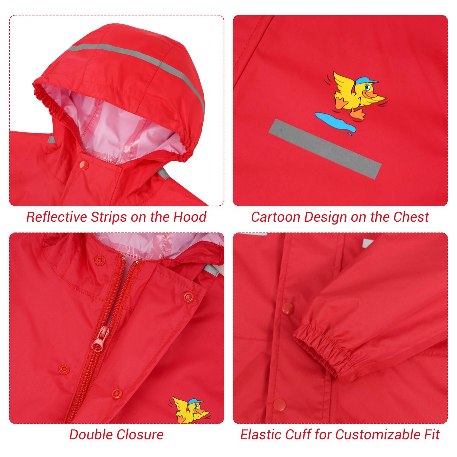 Chubasquero para Niños Mono Impermeable Traje de Lluvia Encapuchado Niñas Chaquetas de lluvia Poncho con Tira Reflectante, Rojo 2-3 Años