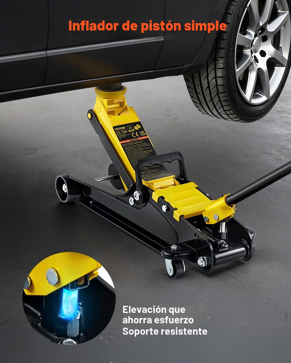 VEVOR Gato de Bajo Perfil de Acero Carga Máxima de 2,5 T Gato Hidraulico para Coche Rango de Elevación 85-380 mm Bomba Hidráulica Simple Gato Carretilla para Coches Familiares, Camiones, Todoterrenos