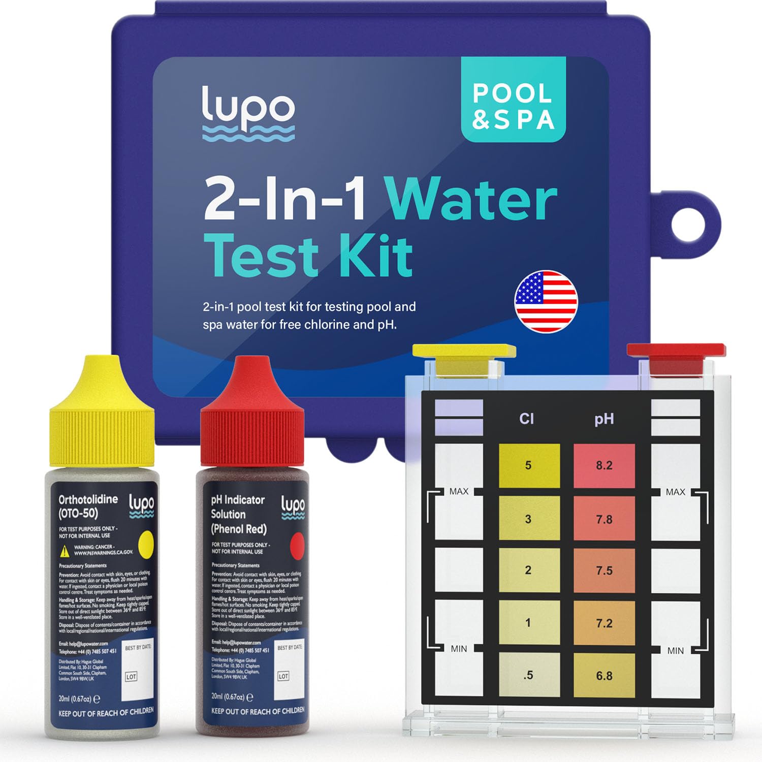 LUPO 2-In-1 Pool Test Kit | Pool Testing Kit For Residential Swimming Pools & Spas For Testing Free Chlorine & pH | Pool Chemical Test For Quick & Accurate At-Home Pool Water Testing