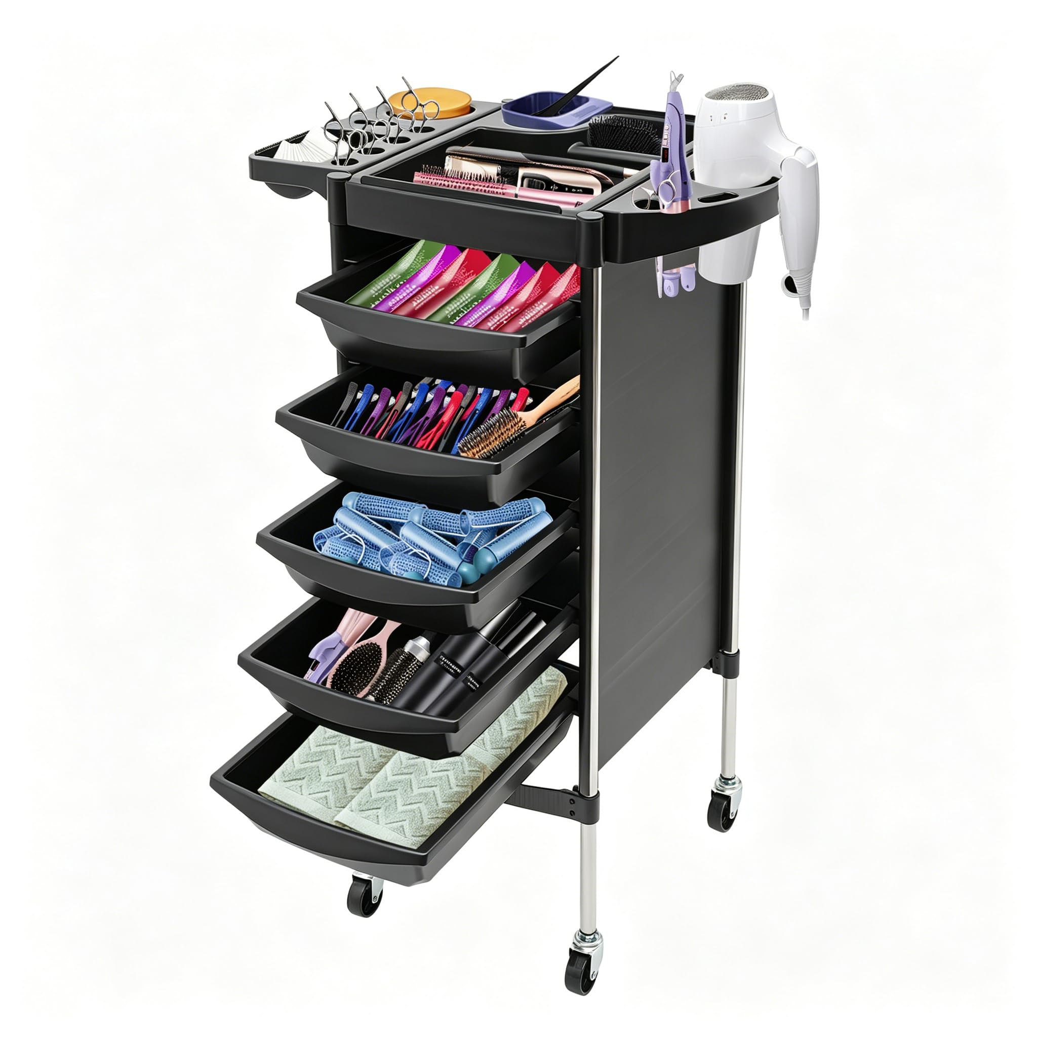 Carrito de peluquería con ruedas, 36 x 85,5 cm, 5 cajones, rectangular, con múltiples orificios para suministros de peluquería, joyas, cosméticos, color negro