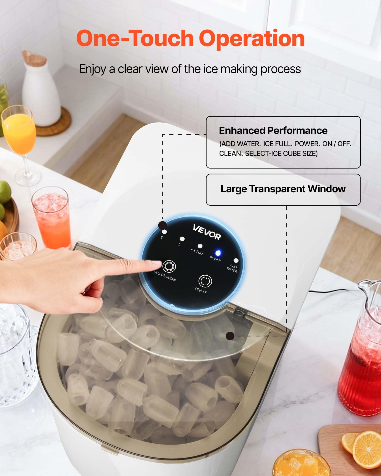 VEVOR Tisch-Eiswürfelmaschine, 7 Eiswürfel in 6 Minuten, 11,8 kg pro Tag, selbstreinigendes Gerät mit Eisschaufel, Eiswürfelmaschine mit 2 Größen von Kugeleis für Zuhause Küche, Büro Bar Party