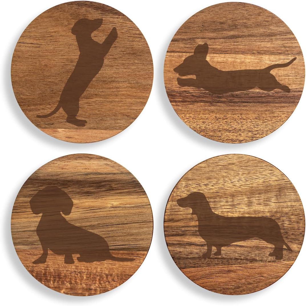 Set of 4 Drink Coasters with Holder Gift Dachshund Collection (Acacia Wood)