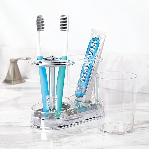 Miniatura 8 de mDesign - Soporte decorativo de plástico para encimera, soporte para cepillos de dientes y pasta dental, con tapa de enjuague, centro dental que