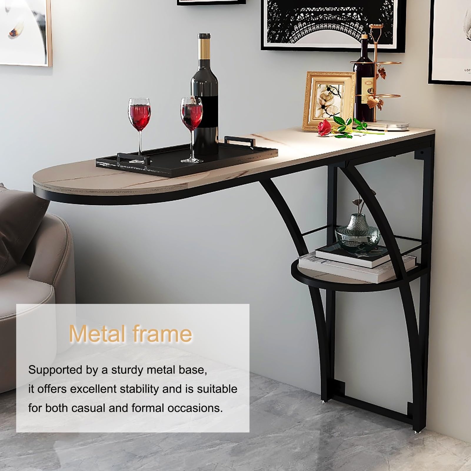 Mesa de bar industrial, escritorio de pared, mesa de altura de mostrador, mesas de bar con estructura metálica resistente, para cocina, sala de estar, balcón o sótano (150 * 40 * 105 cm / 59 * 16 *