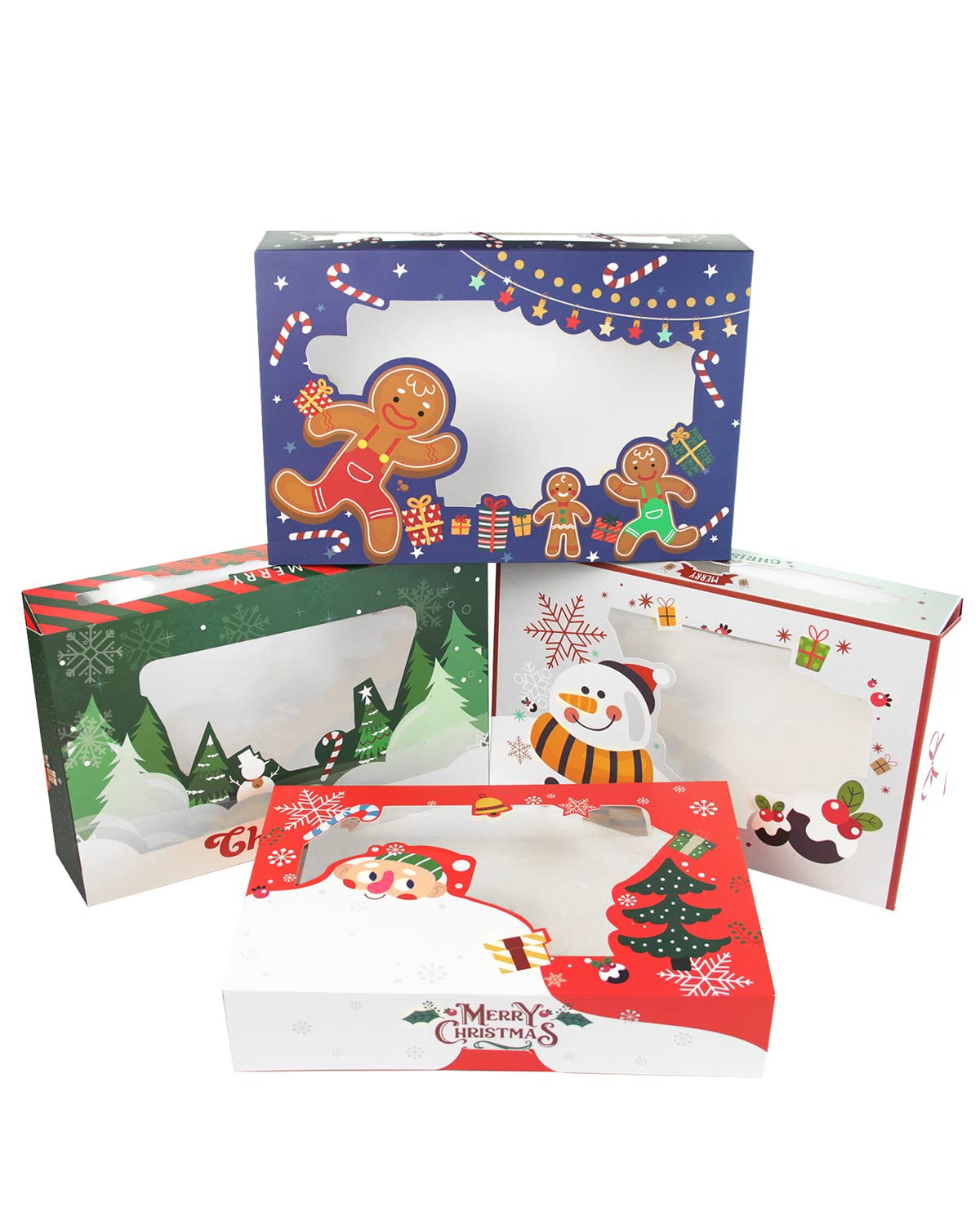 qiqee Christmas Cookie Box with Window 12x8x2.5 inch 24 Packs Auto-pop up Two Uses One Second Folding Pastry Biscuit Bakery Box For Packaging