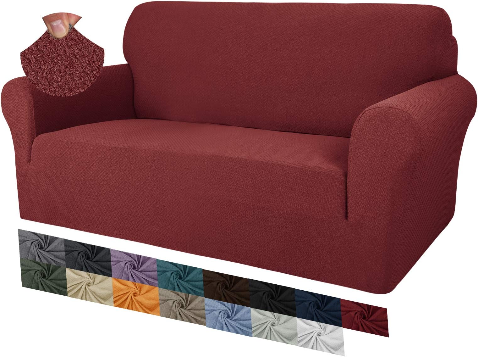 MAXIJIN Creative Jacquard Couch Covers for 2 Seater, Super Stretch Non Slip Love Seat Sofa Cover for Dogs Pet Friendly Elastic Furniture Protector Loveseat Slipcovers (2 Seater, Wine Red)